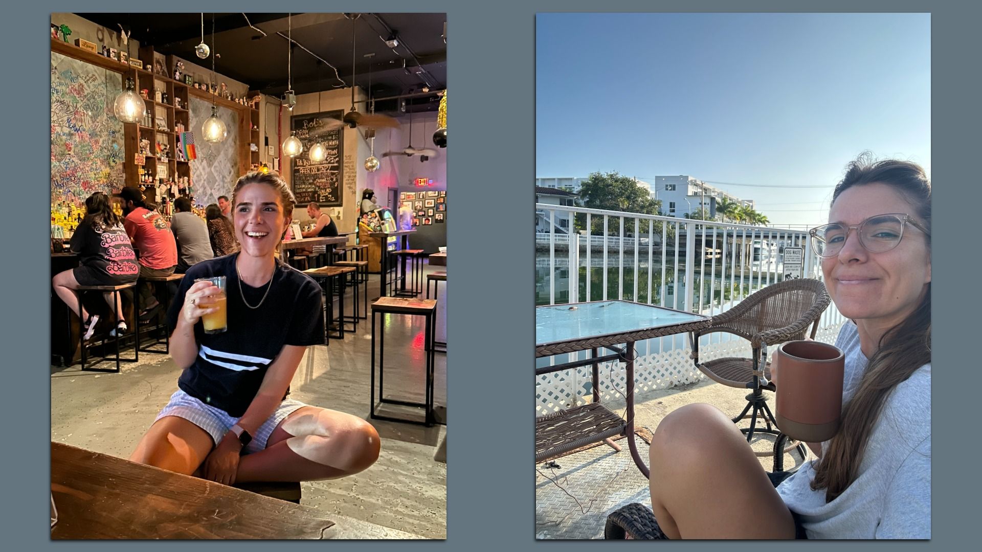 Two photos: left, a smiling woman at a busy bar holding an orange drink, graffiti wall and hanging bulbs behind. Right, a woman on a balcony overlooking a canal, with blue sky and buildings.