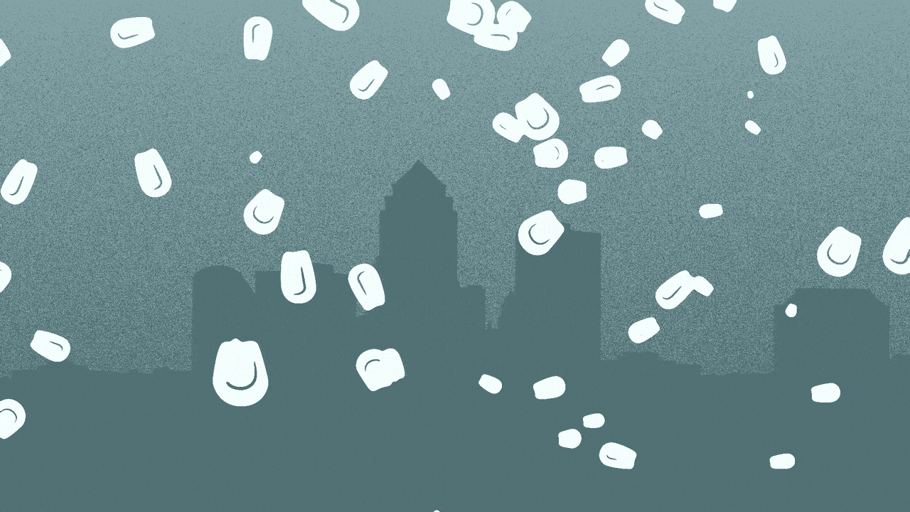 Animated illustration of the Des Moines skyline with snowflakes in the shape of corn kernels falling on it.