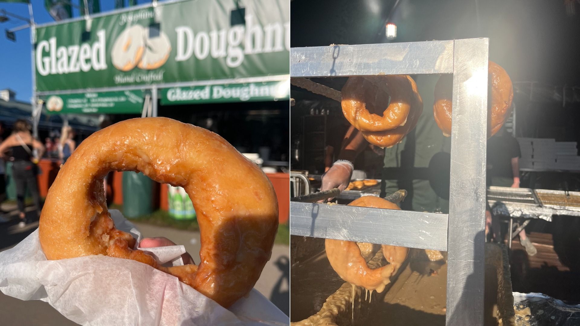 Two images showing glazed doughnuts: one close-up held and another showing doughnuts hanging and dripping glaze while being made at a stand with a green sign.