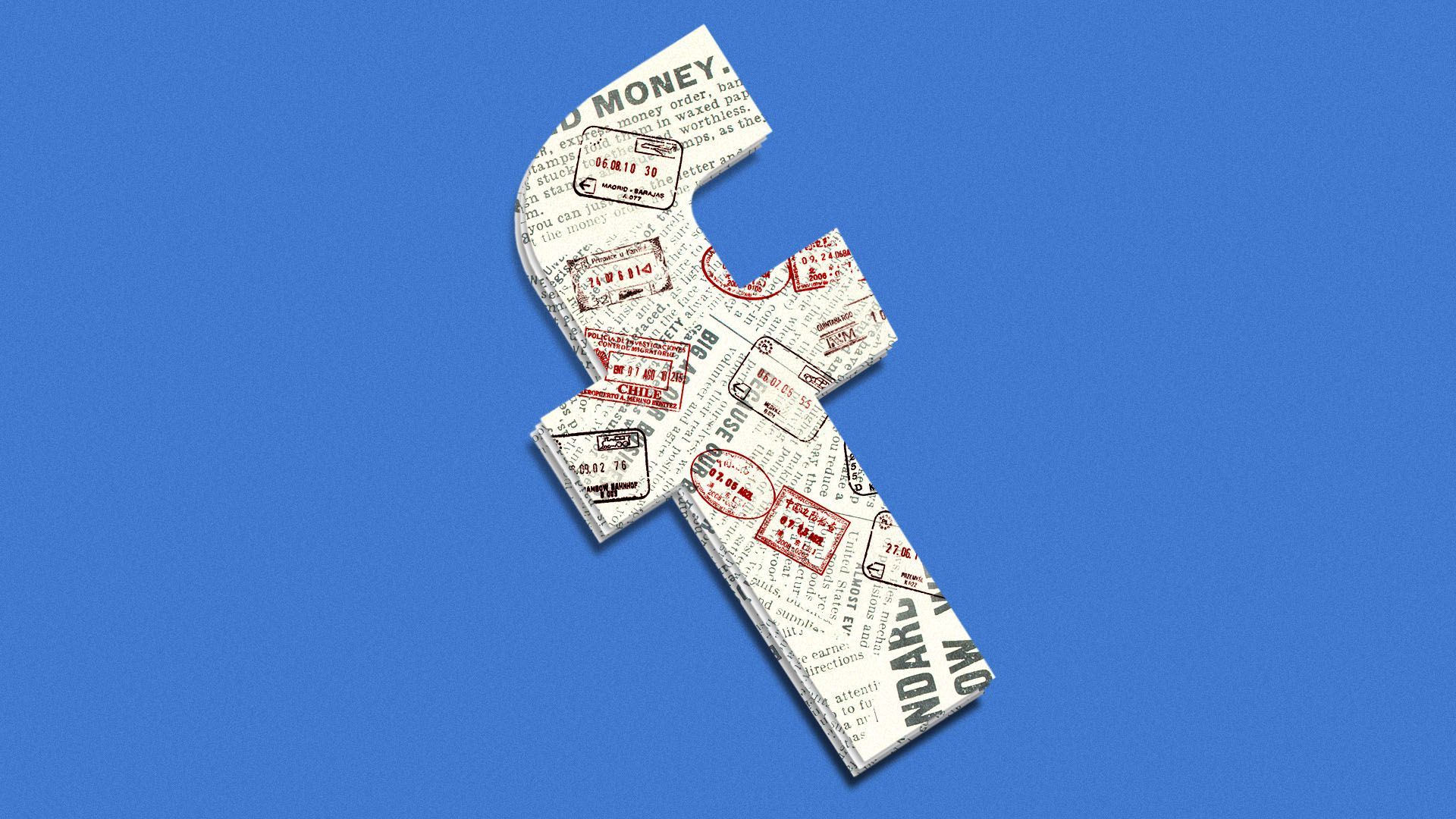 Illustration of the facebook logo as a newspaper covered in visa stamps