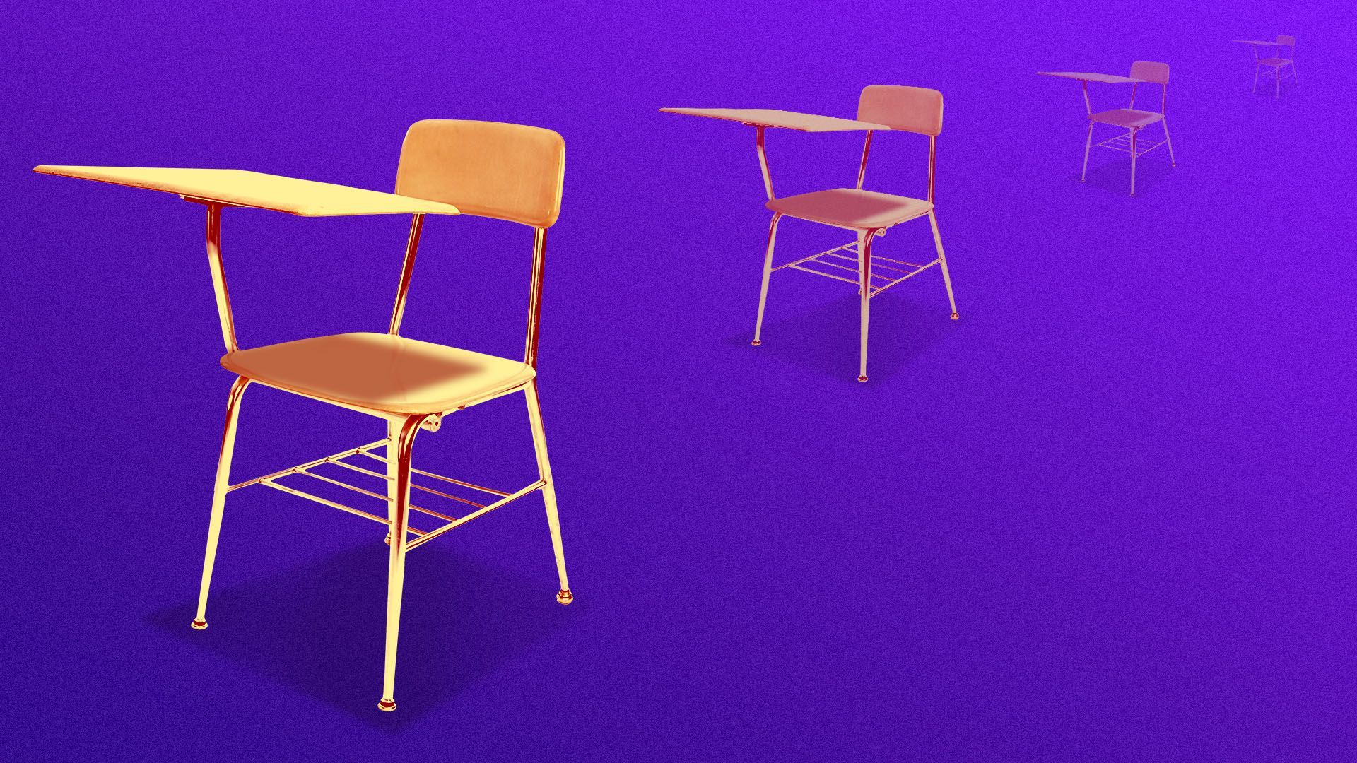 Illustration of a line of spaced out desks receding far into the background