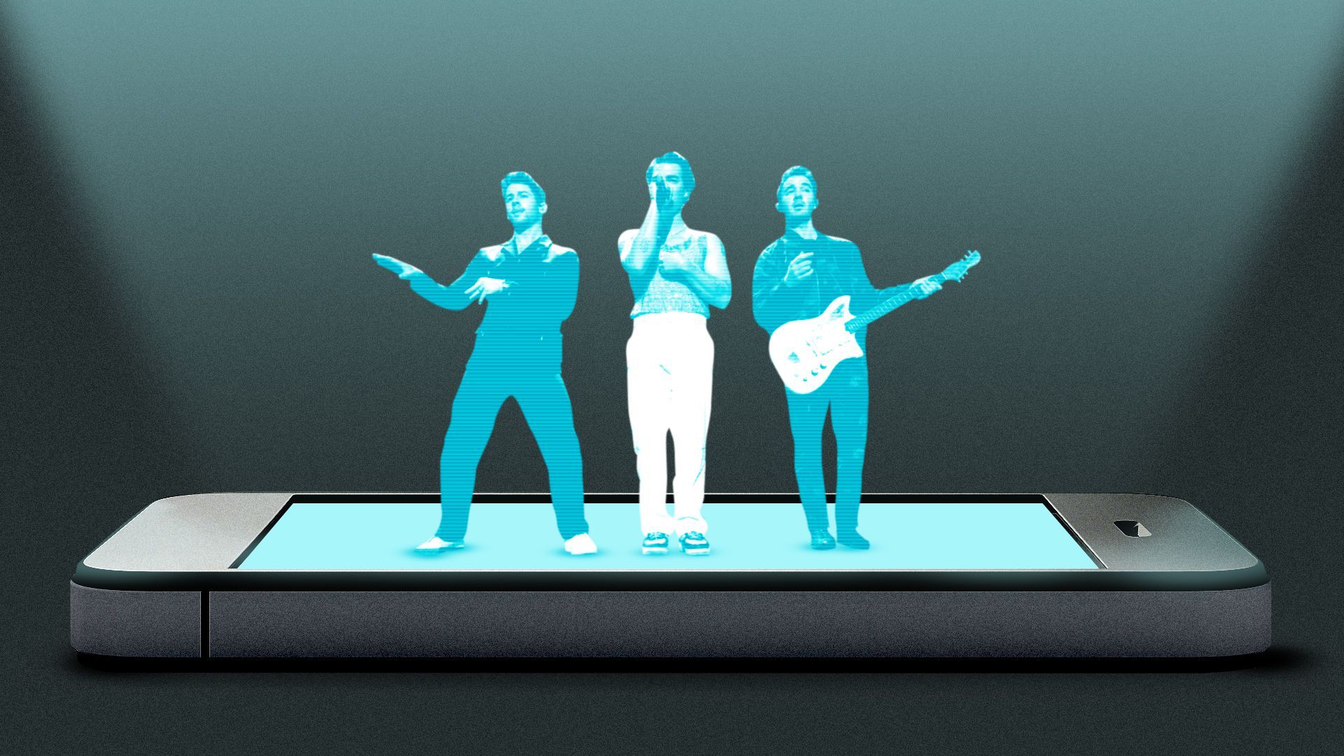 Photo illustration of the Jonas brothers on a phone as if it were a stage. 