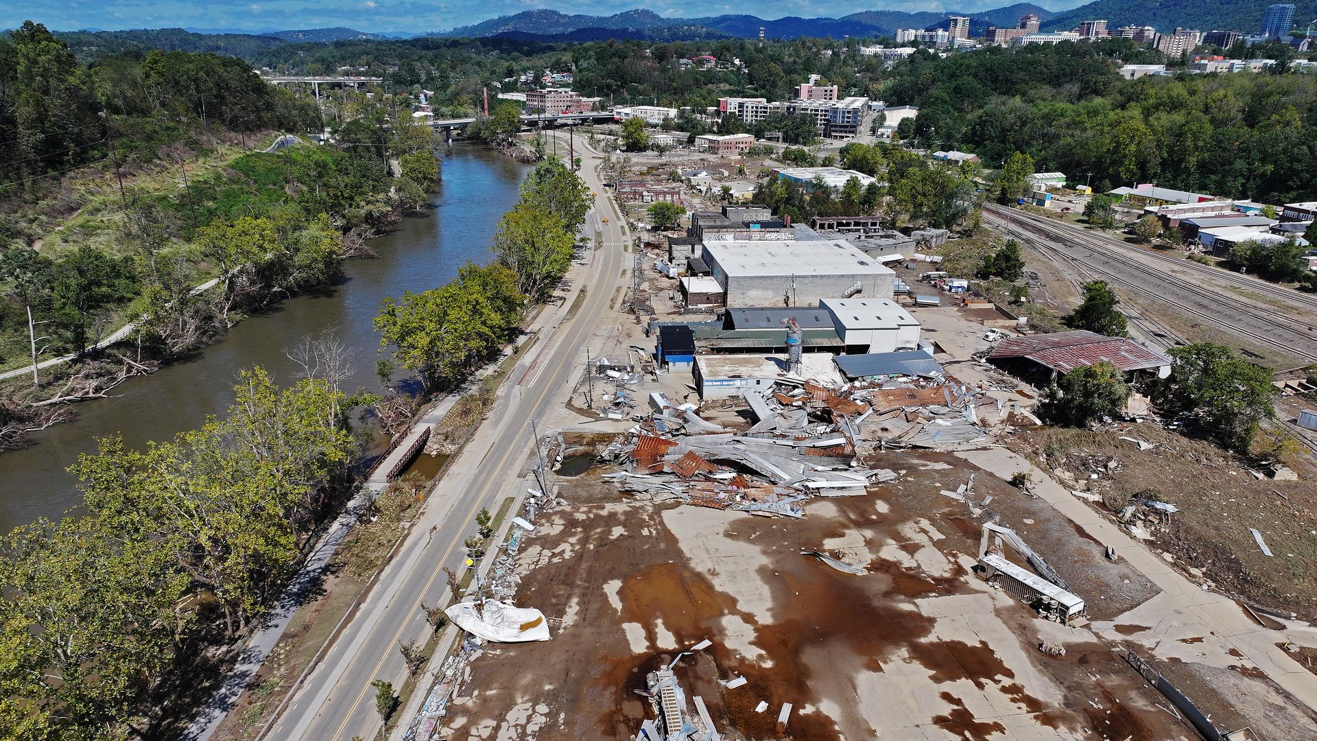 An aerial view of flood damage along the French Broad River