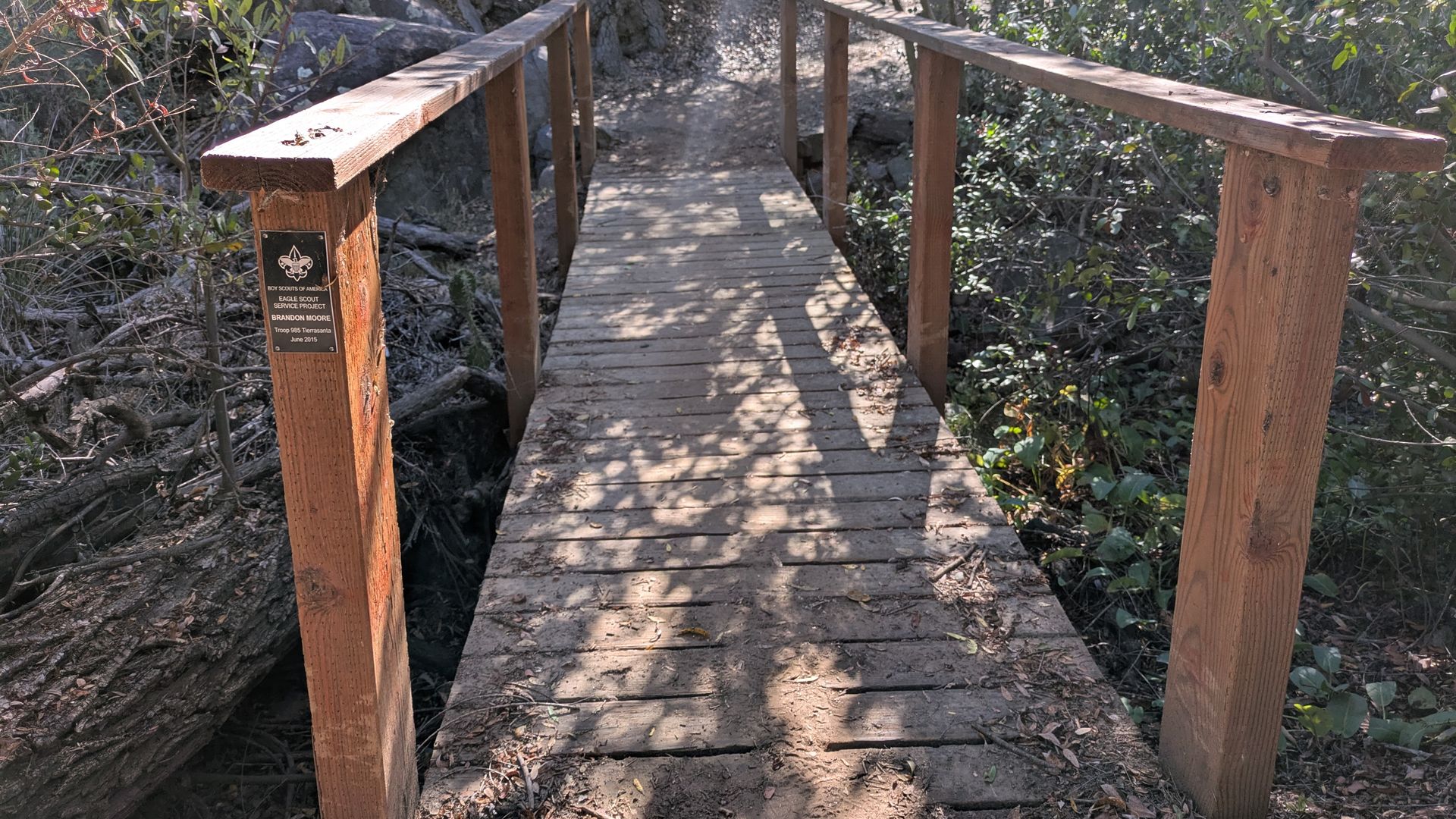 Wooden footbridge with handrails over forest ground, surrounded by green foliage and rocks, sunlight casting shadows on the planks, plaque on left rail for Eagle Scout project.