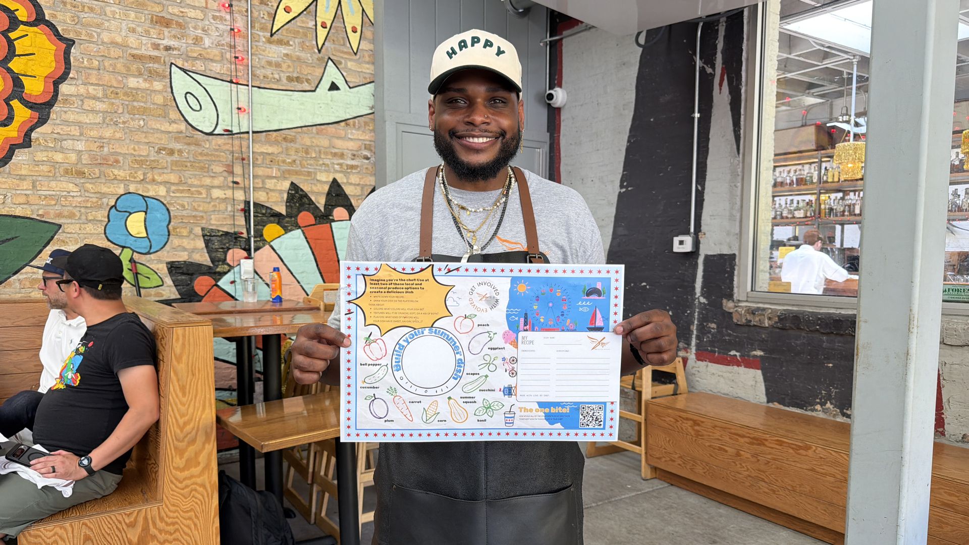 Man holds up a placemat with colorful images