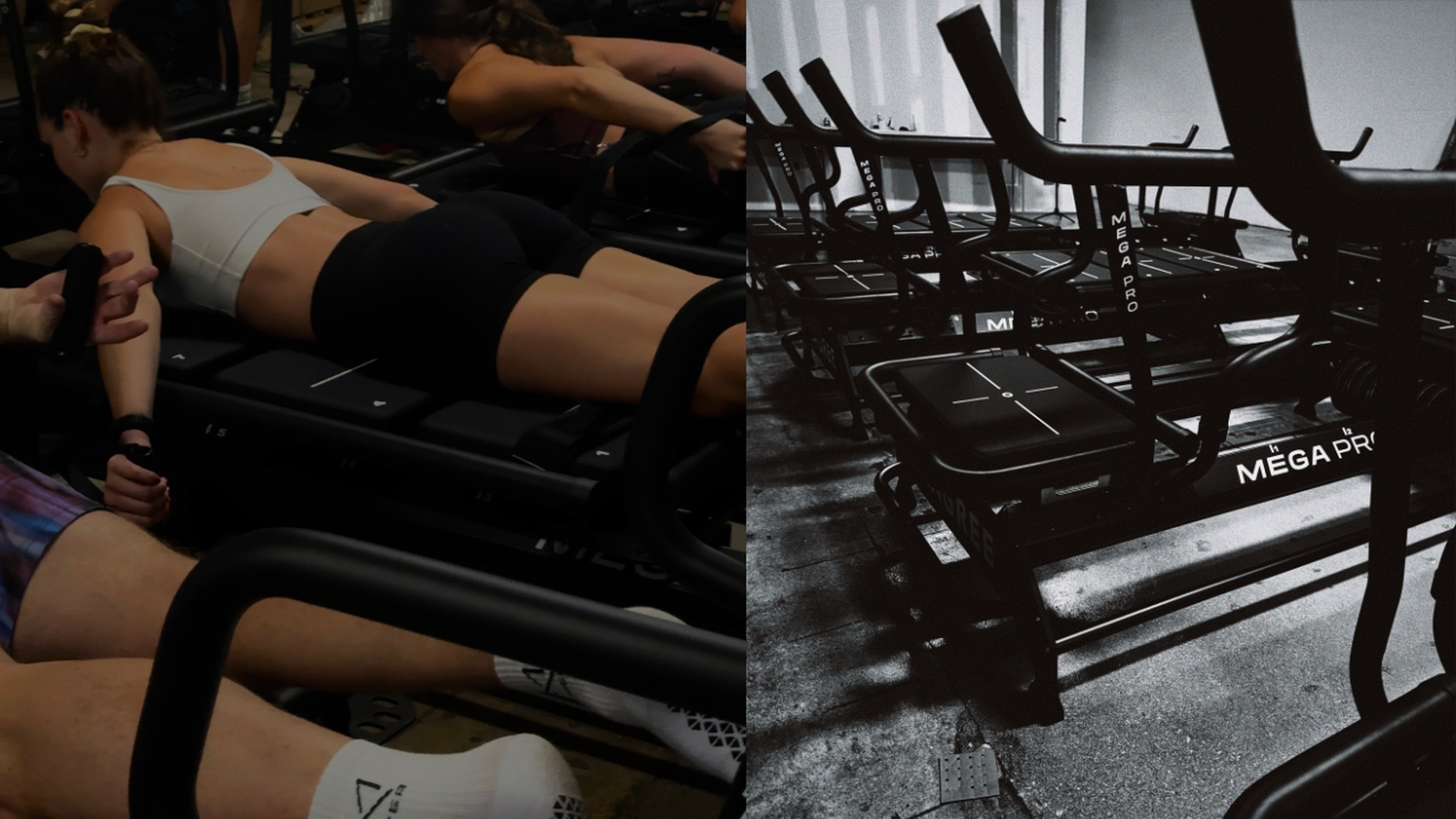 Left side shows people in workout attire lying face down on fitness equipment performing exercises. Right side shows rows of black MEGA PRO gym machines in black and white.