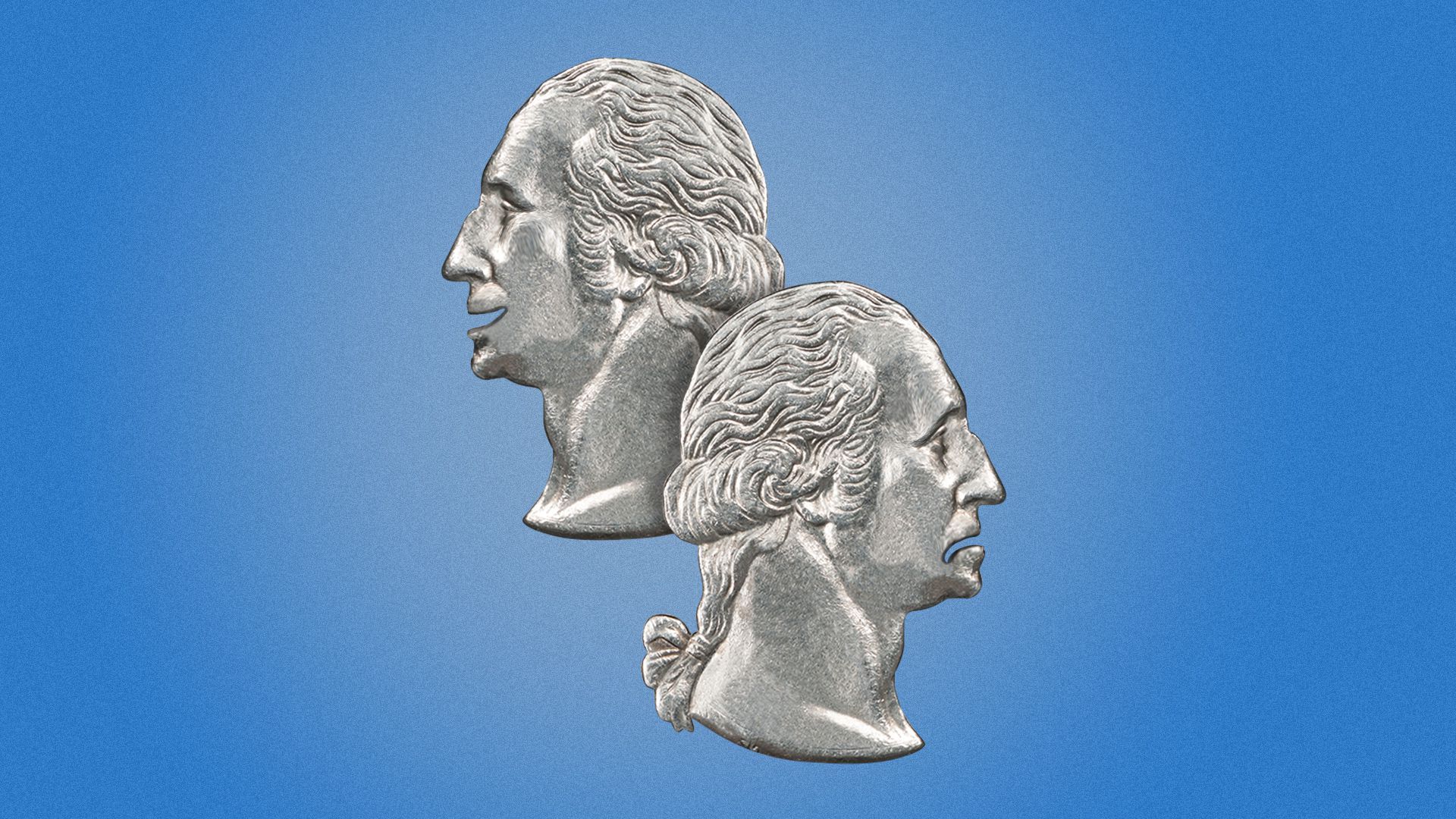 Illustration of two George Washington faces cut out of quarters with happy and sad faces like drama masks. 