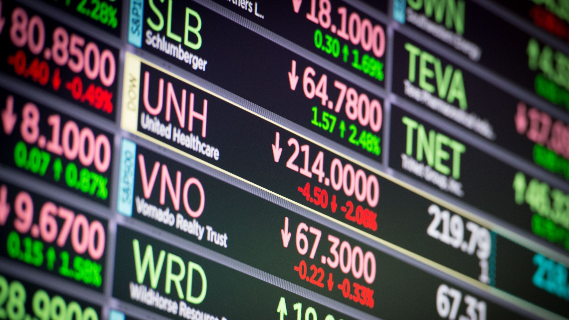 A stock ticker showing prices of various companies.