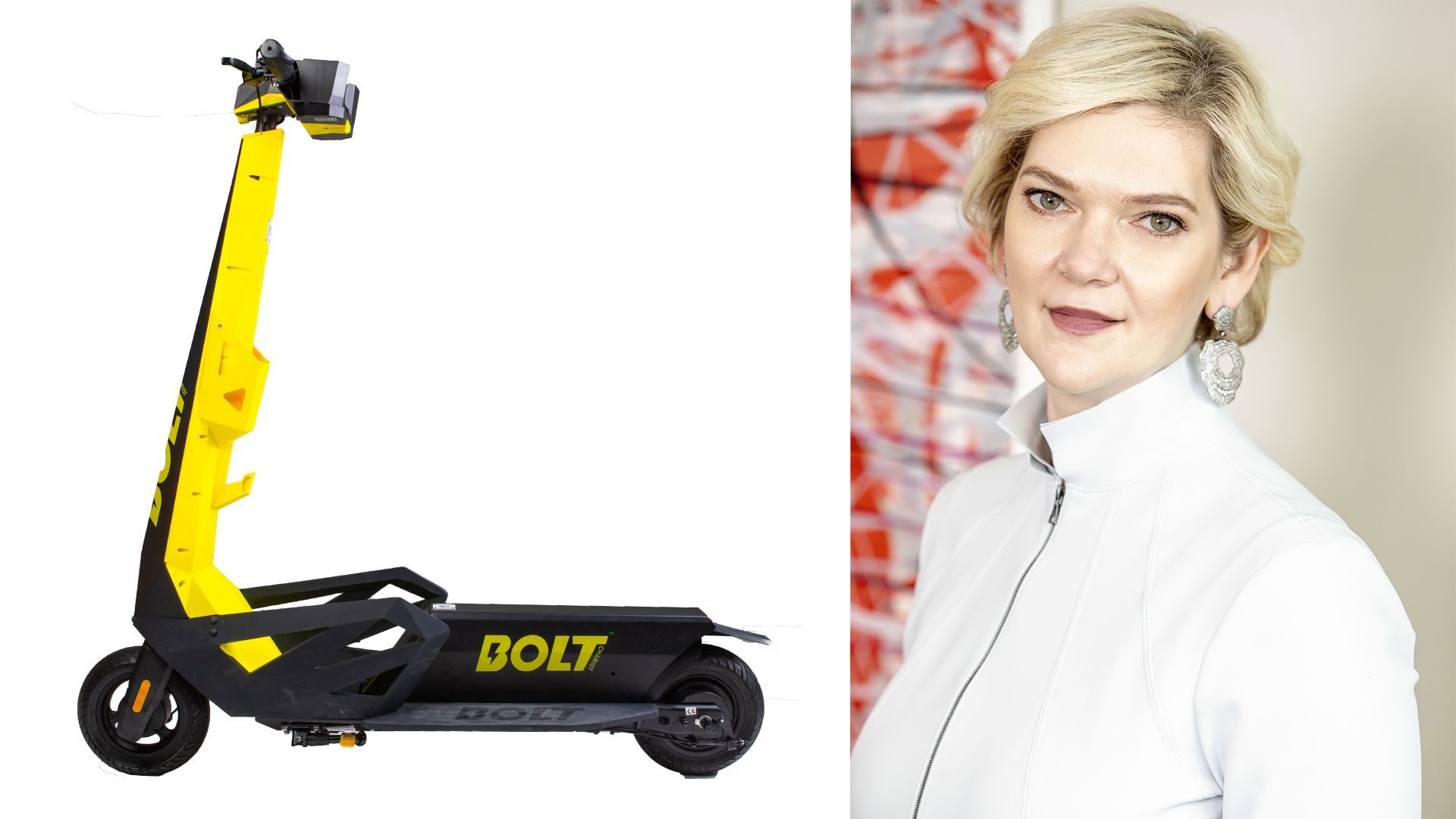 side-by-side images of Bolt Mobility scooter and CEO Julia Steyn