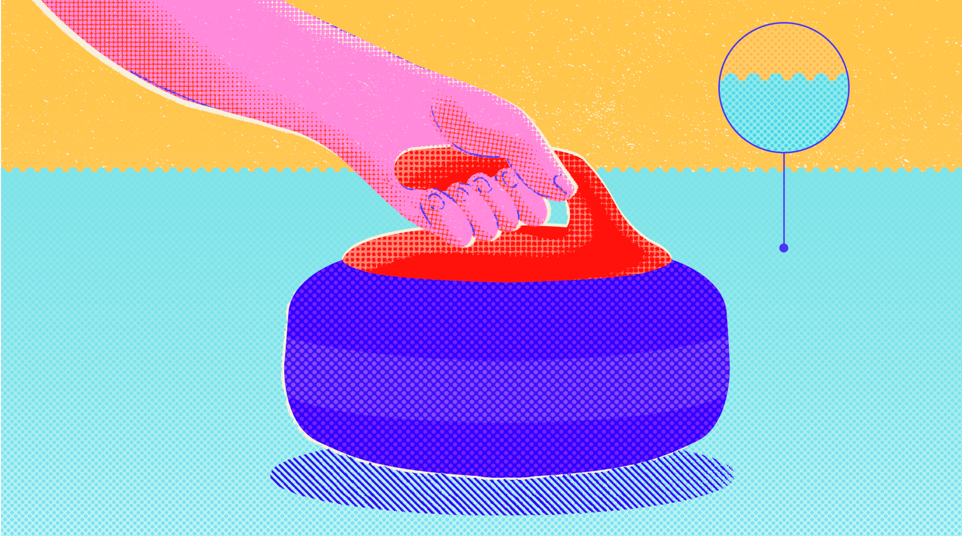 Illustration of a hand holding a curling rock on ice. To the side is a zoomed in diagram of the pebbled texture of the ice.