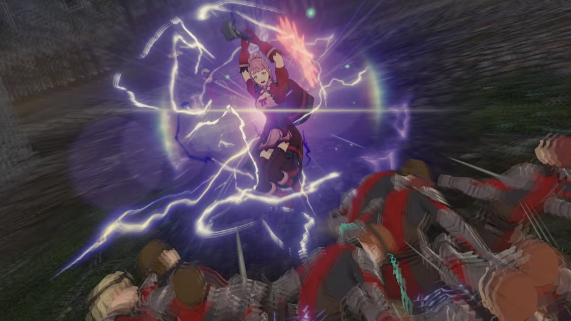 Video game screenshot of a female warrior in red leaping with a sword held over her head. A ball of purple energy surrounds her.