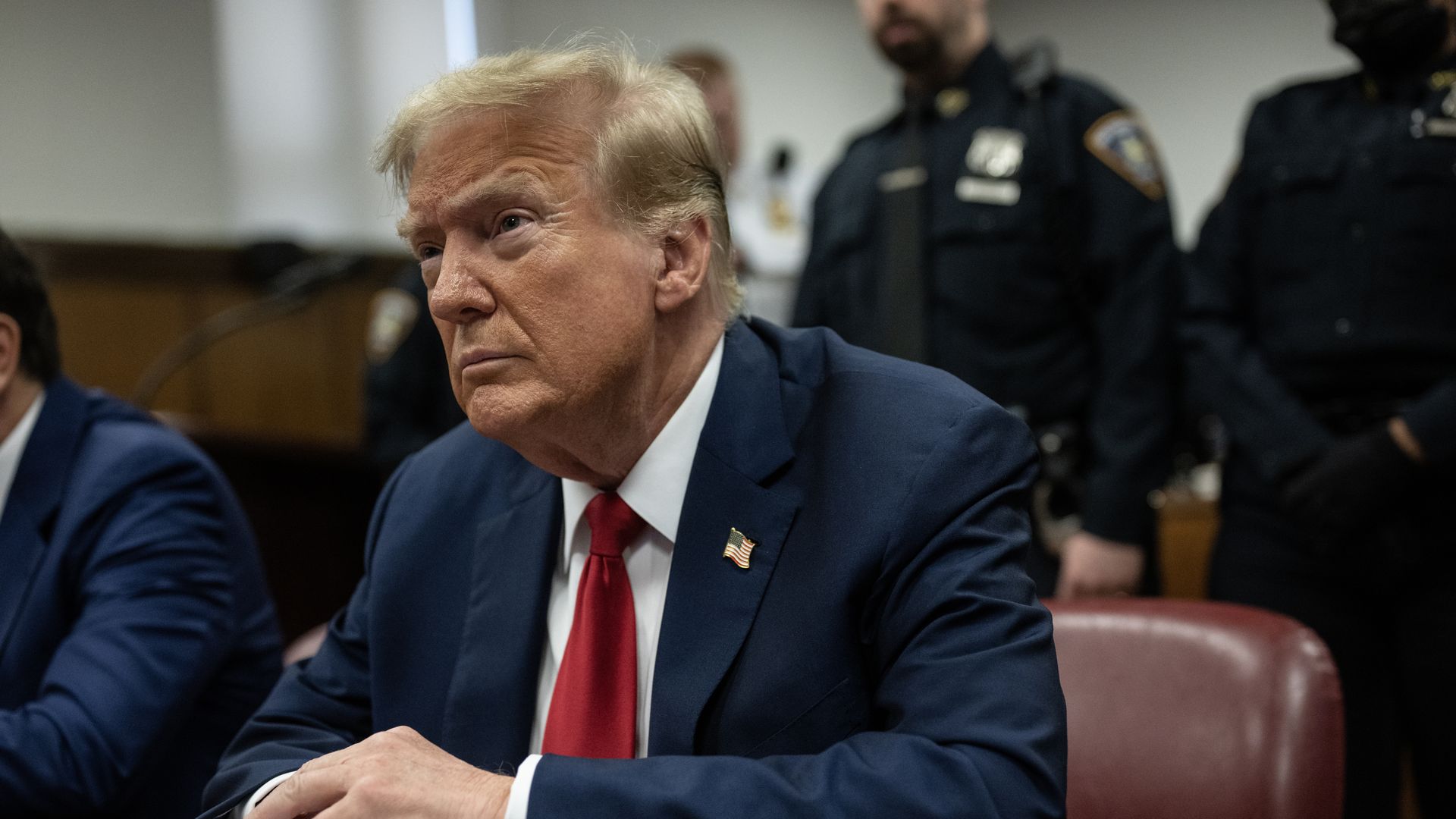  Former U.S. President Donald Trump appears in court during his trial for allegedly covering up hush money payments at Manhattan Criminal Court on May 16, 2024 in New York City. 