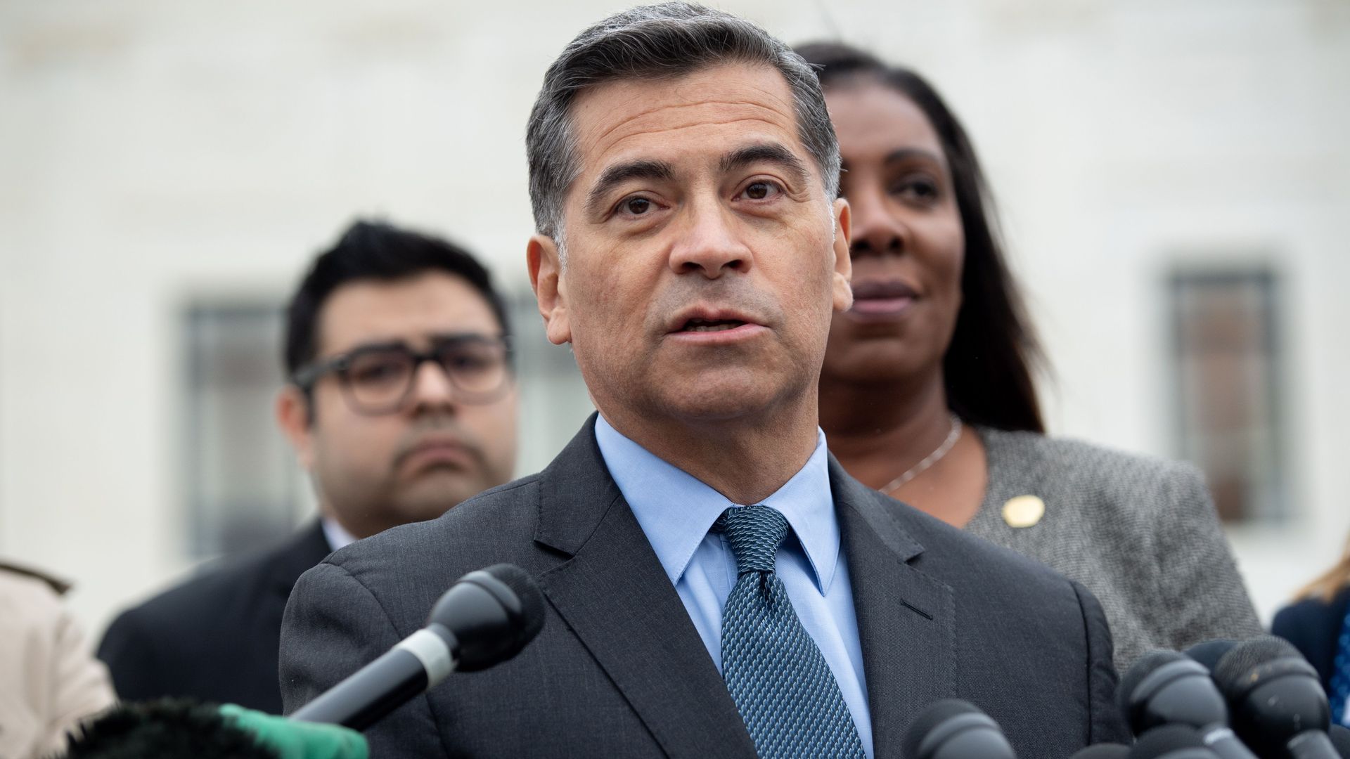 California Attorney General Xavier Becerra speaking outside the U.S. Supreme Court  in November 2019
