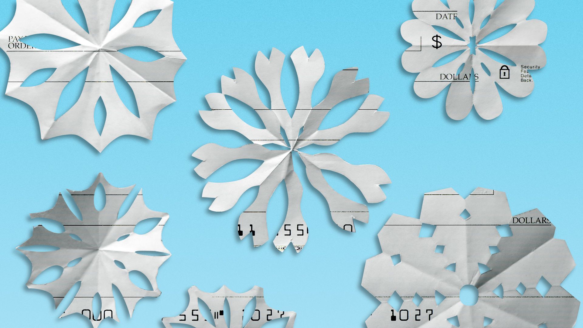 Illustration of cut out snowflakes made from blank checks. 