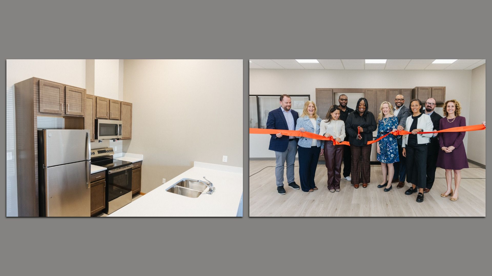 A view of one of the new apartments, left, and, right, officials gather for the ribbon cutting.