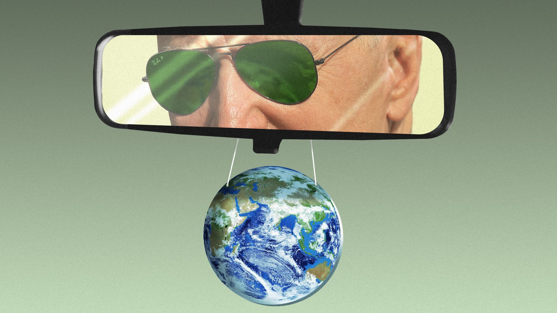 An illustration showing Biden looking in rearview mirror with a globe hanging from it