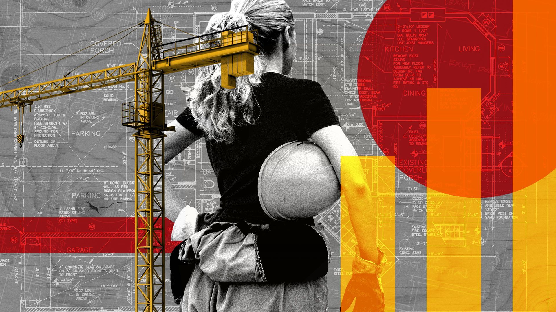 Illustration of a woman holding a hard hat under her arm next to a crane with a blueprint and geometric shapes in the background.