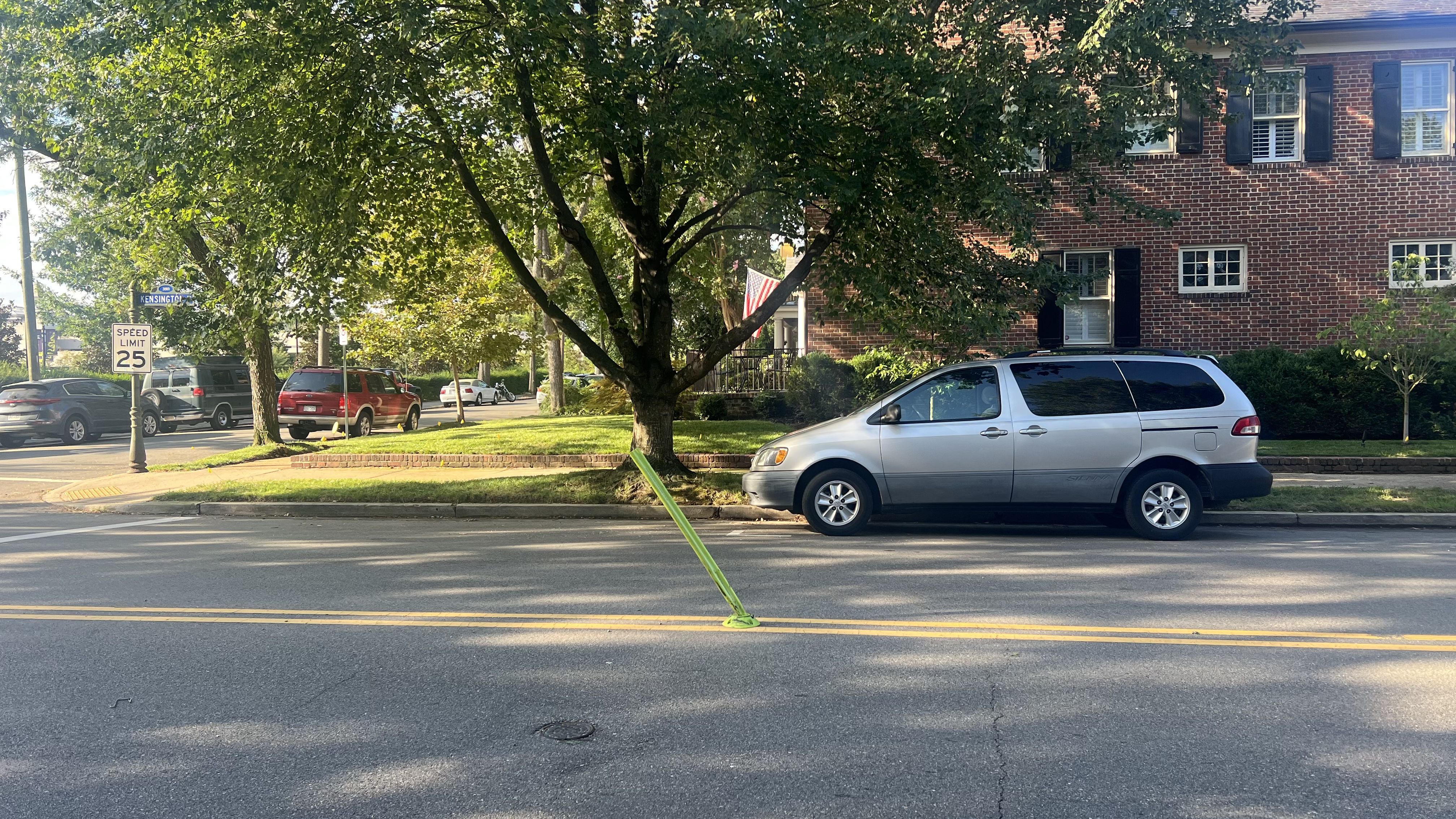 Street view of a silver minivan parked beside a sidewalk with a large tree and red-brick building behind it. Speed limit sign and street name sign visible near green street marker in road.