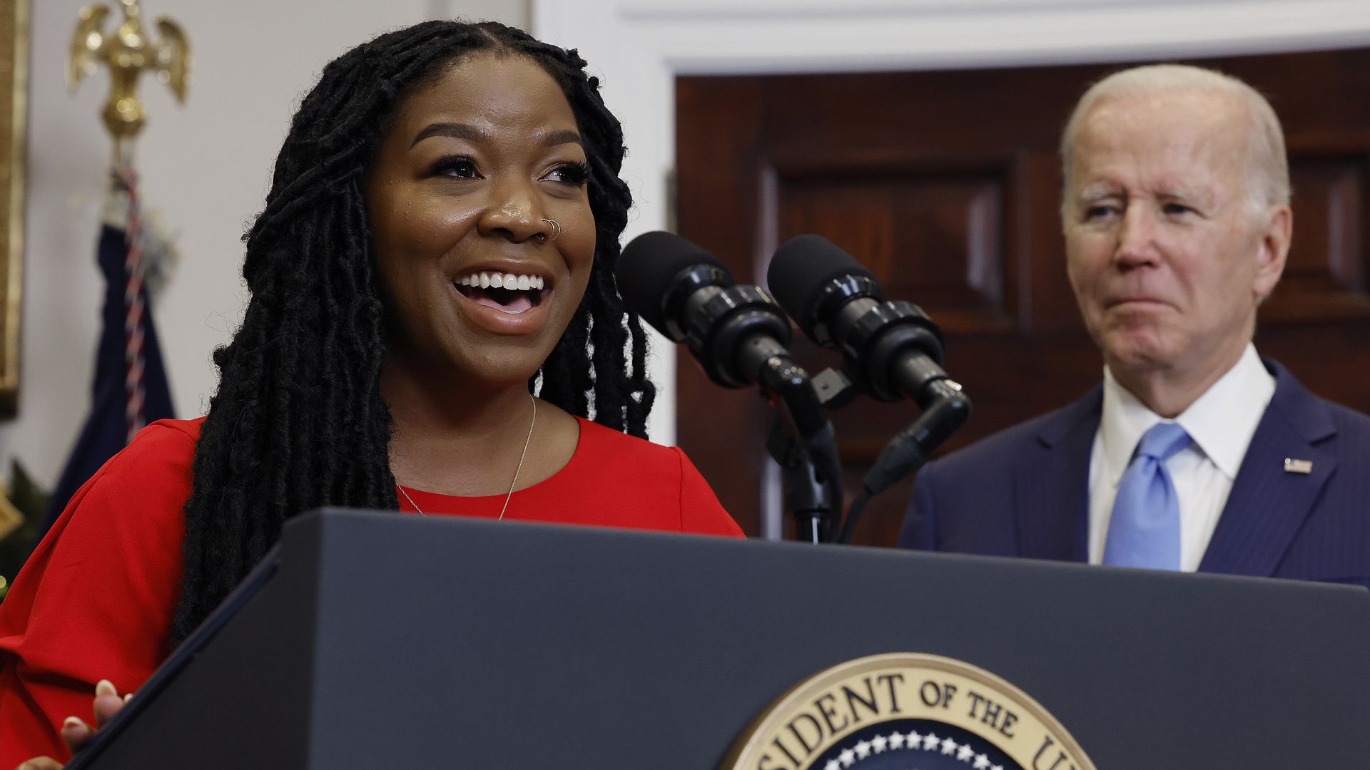 Cherelle Griner (L), wife of Olympian and WNBA player Brittney Griner, speaks after U.S. President Joe Biden announced her release from Russian custody, at the White House on December 08, 2022