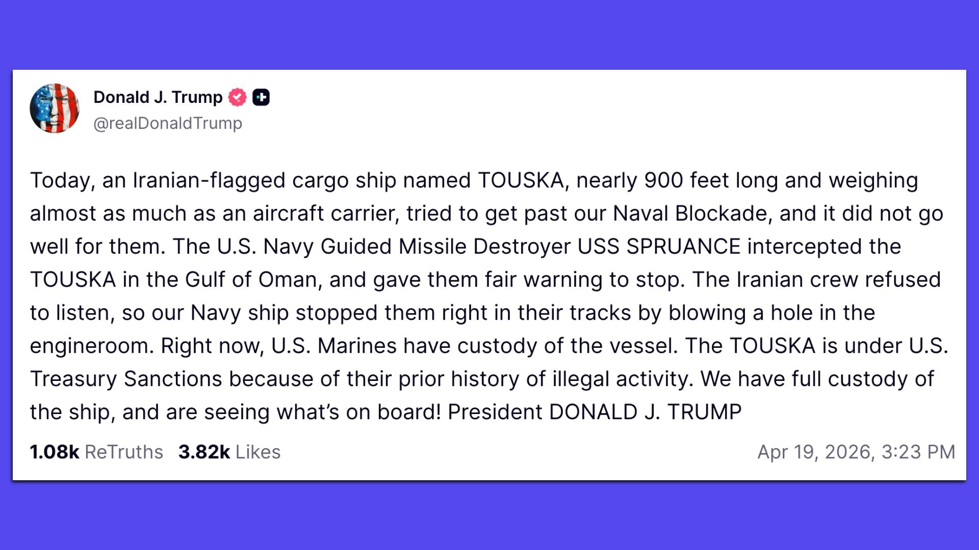 Tweet-style post on a white card with a circular profile image; text claims the Iranian cargo ship "TOUSKA" was intercepted near the Gulf of Oman, with Navy action and U.S. sanctions.