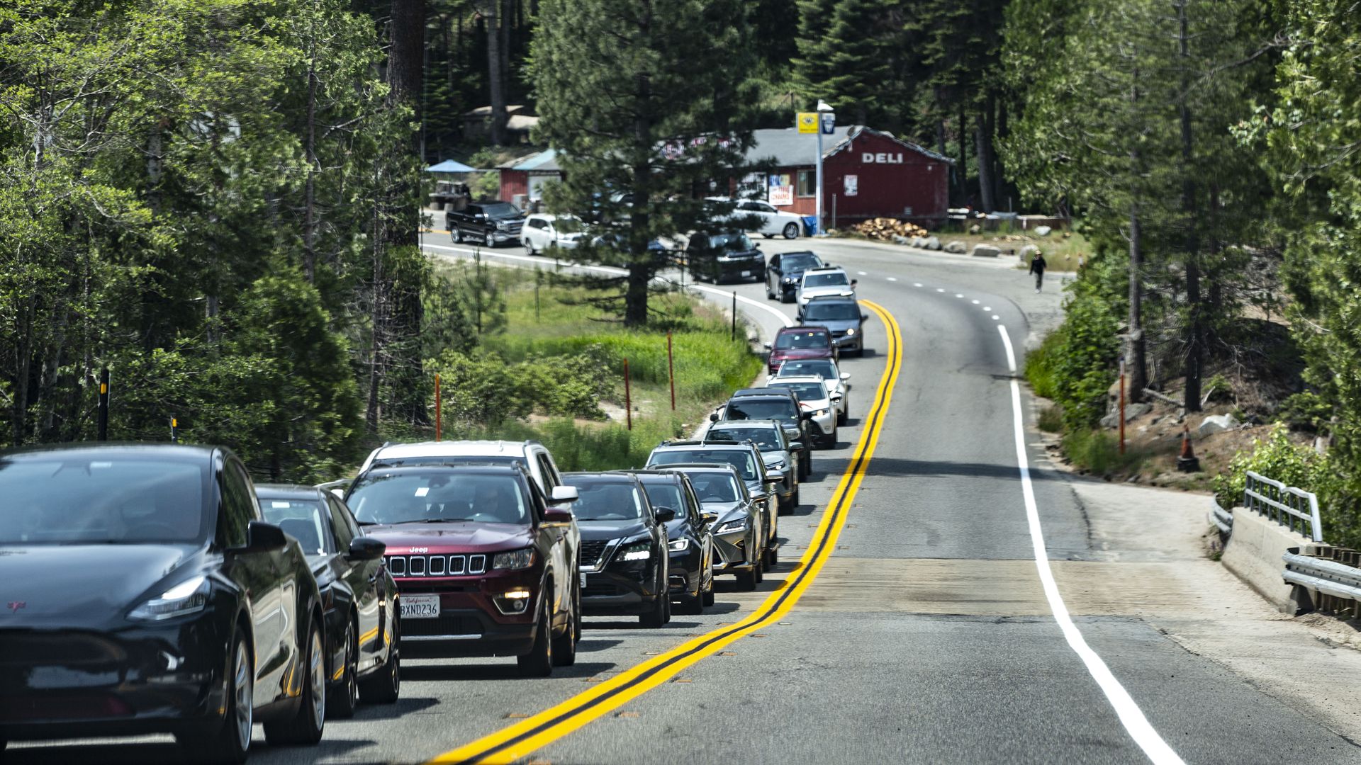 Line of cars of various colors stopped on a two-lane road surrounded by green pine trees, approaching a red building labeled DELI on a sunny day.