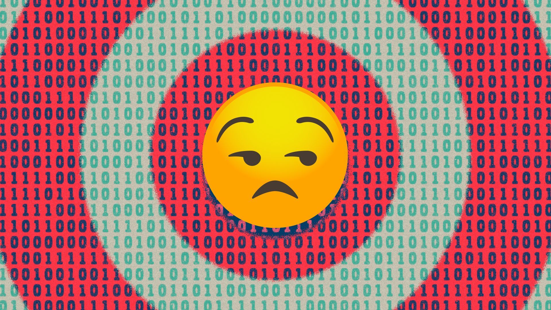 Illustration of an unimpressed emoji at the center of a bullseye made of binary code.