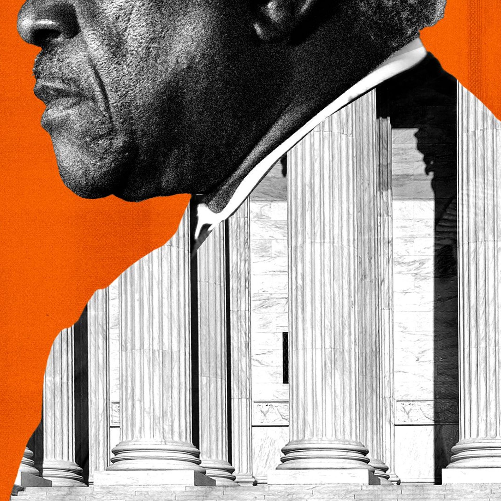 Photo illustration of Justice Clarence Thomas with the Supreme Court forming his judge's robes. 