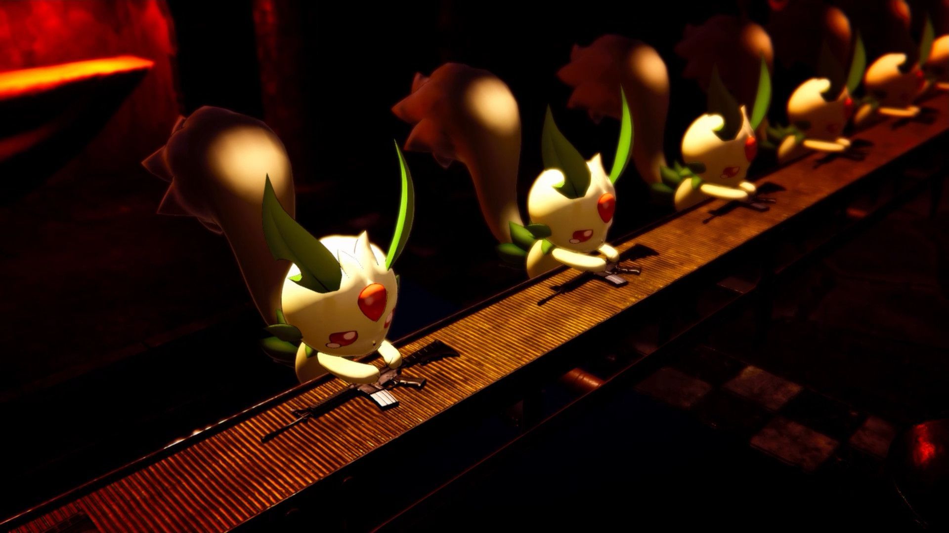 Image of an in-game scene from Palworld showing cute “pal” characters assembling guns