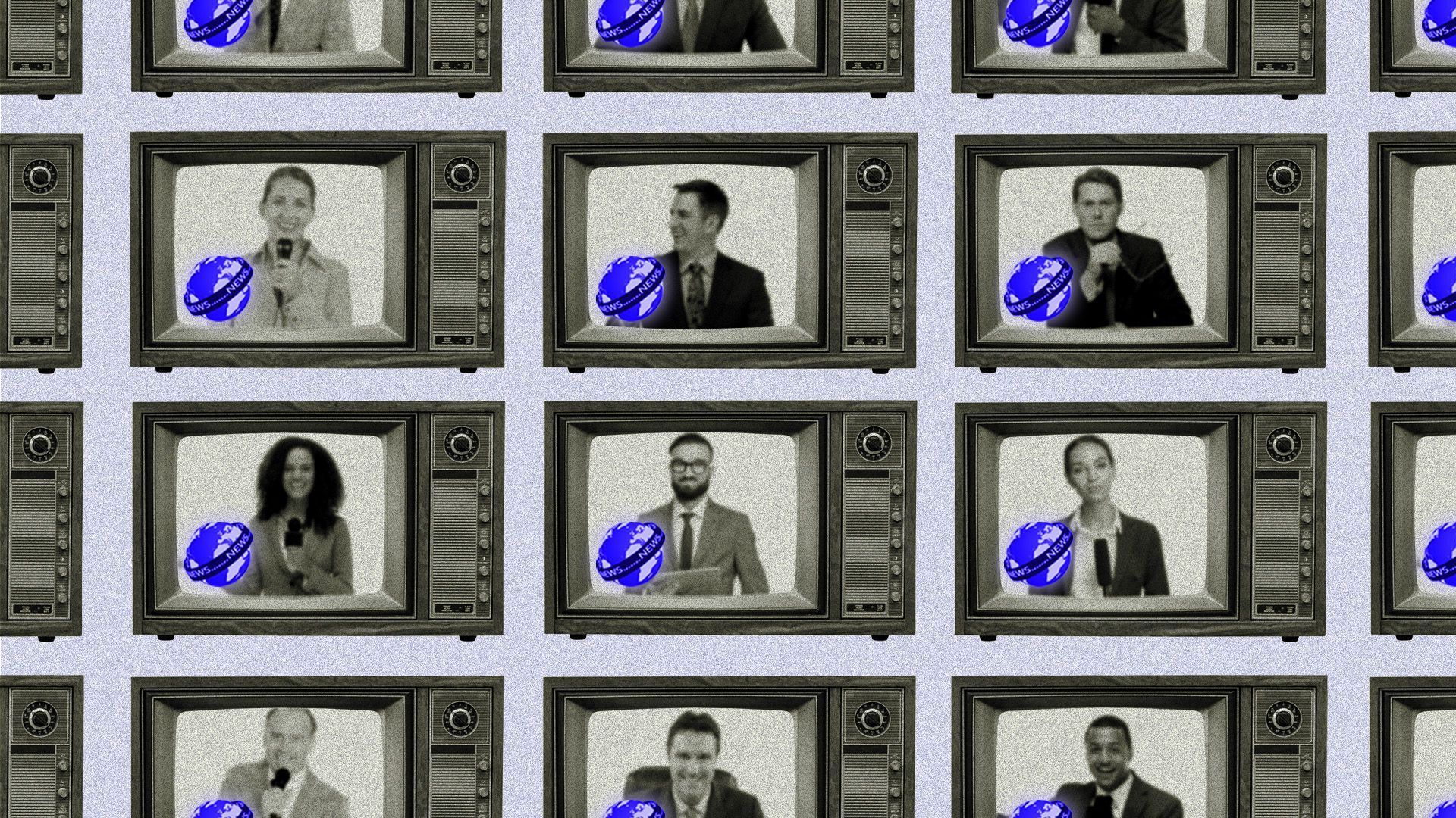 Grid of TV sets tuned to newscasts with the same logos