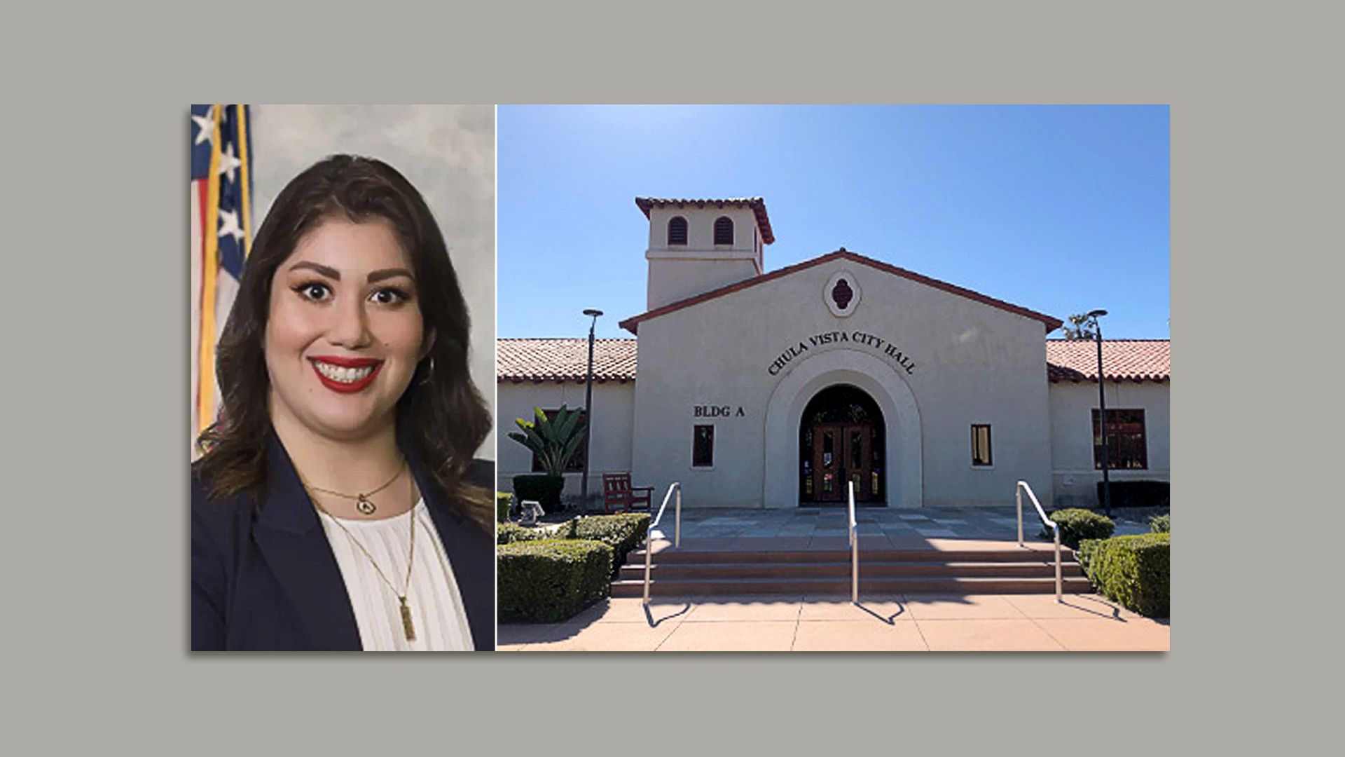 Side by side images of Councilwoman Andrea Cardenas and the Chula Vista City Hall
