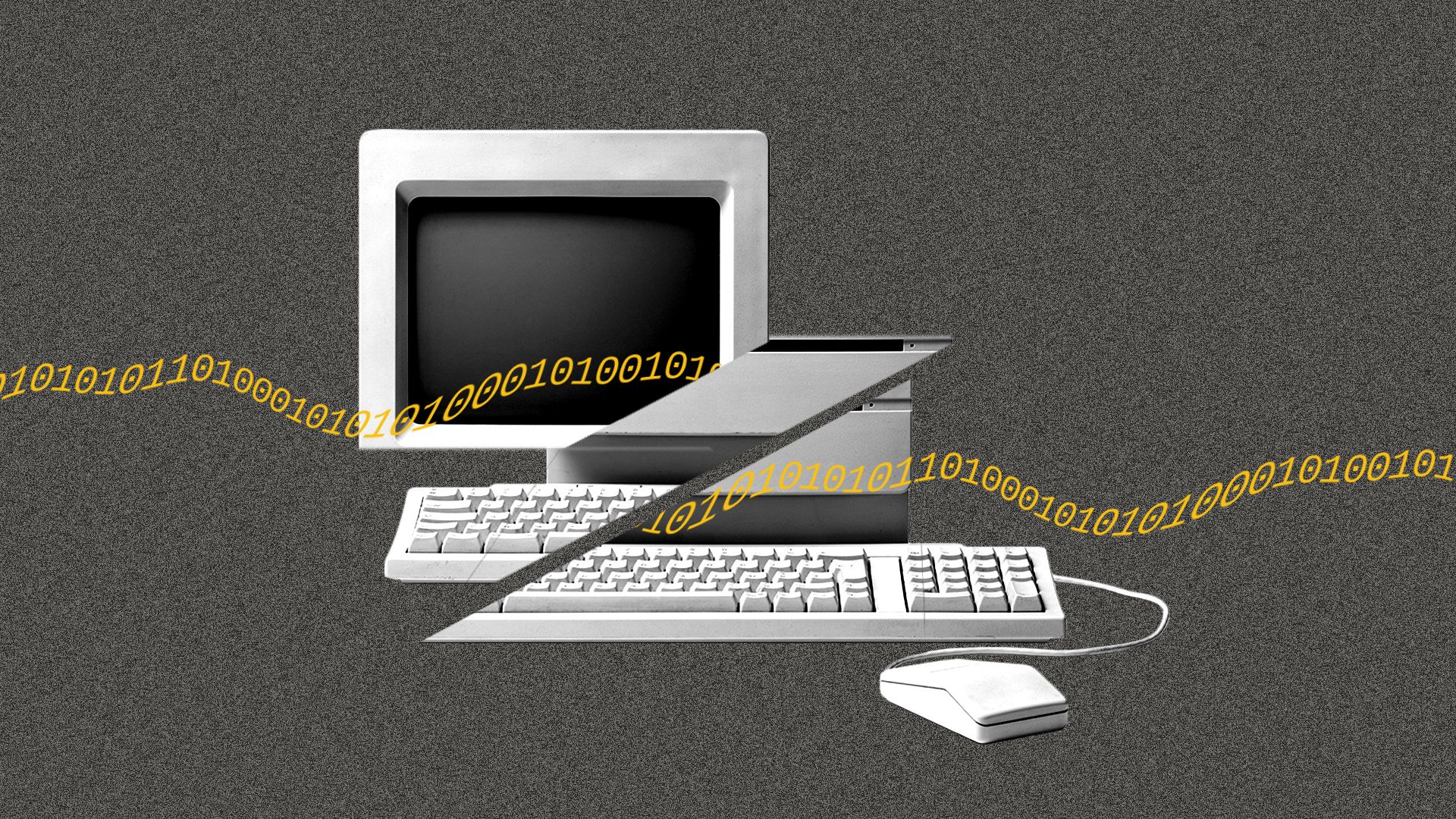 In this illustration, a 90s computer is cut in half as strings of code float by.