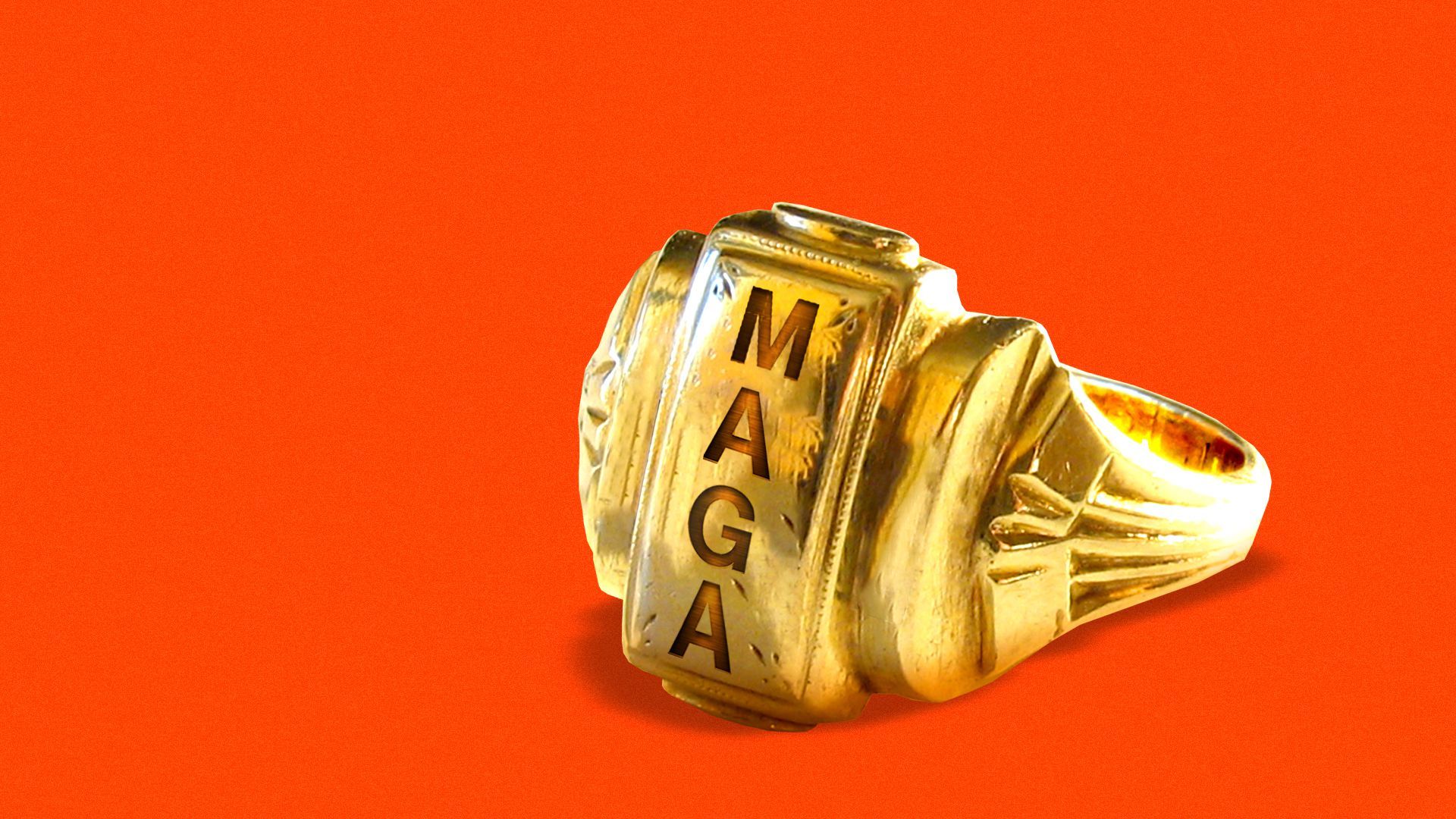Illustration of a gold ring with MAGA engraved on the front
