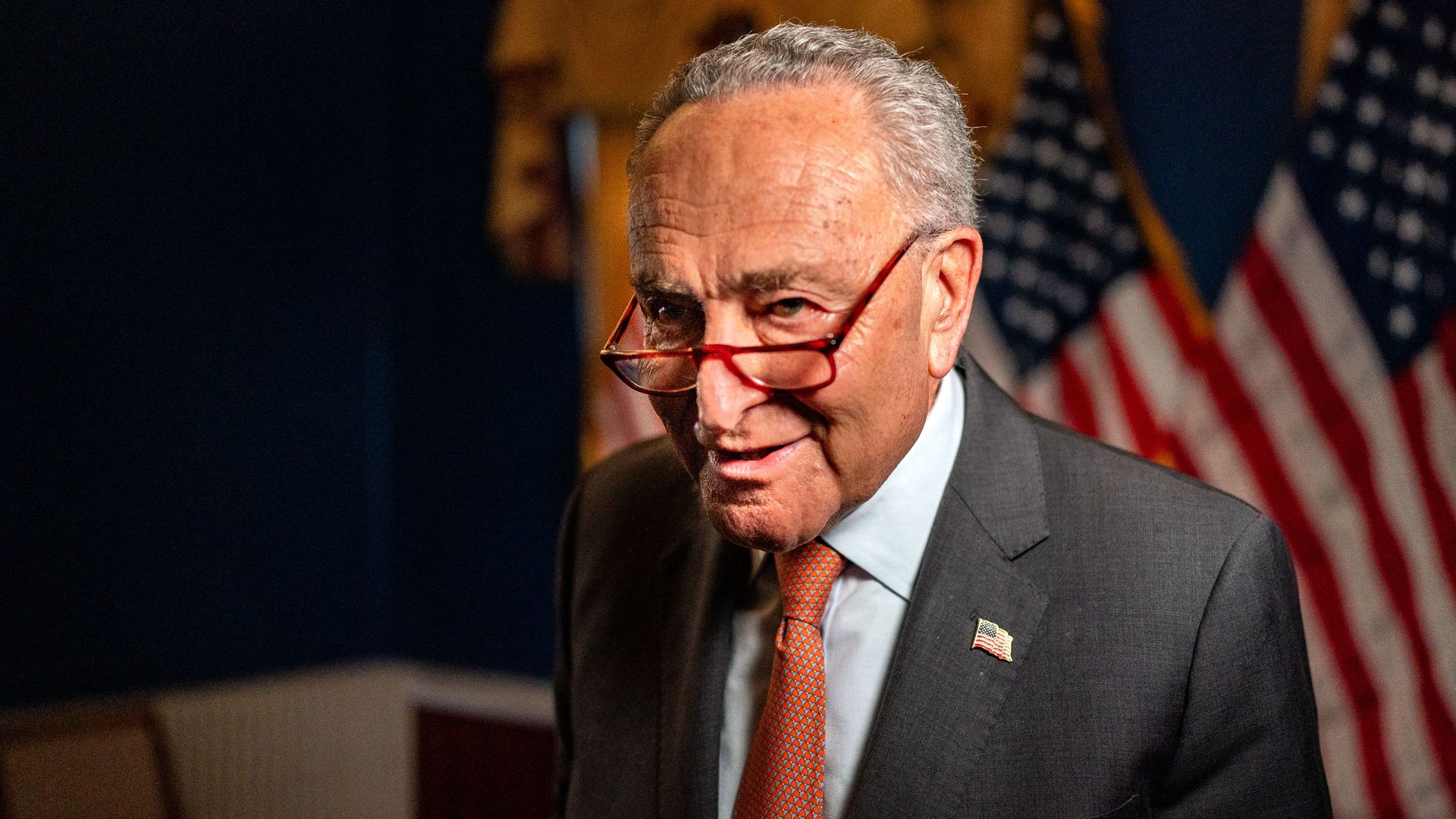  Senate Majority Leader Chuck Schumer (D-NY) departs at a news conference with House Minority Leader Hakeem Jeffries (D-NY) at the Democratic Senatorial Campaign Committee on Capitol Hill on July 23, 2024 in Washington, DC.