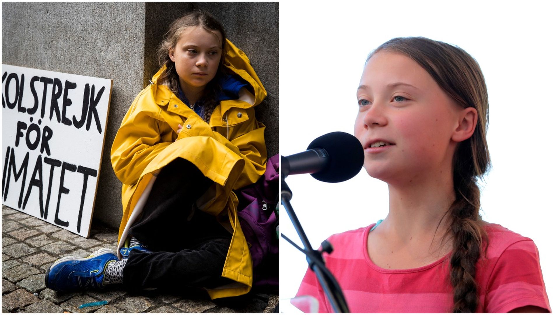 This image is a two-way screen of Greta Thunberg sitting in a yellow raincoat and Greta speaking into a microphone.