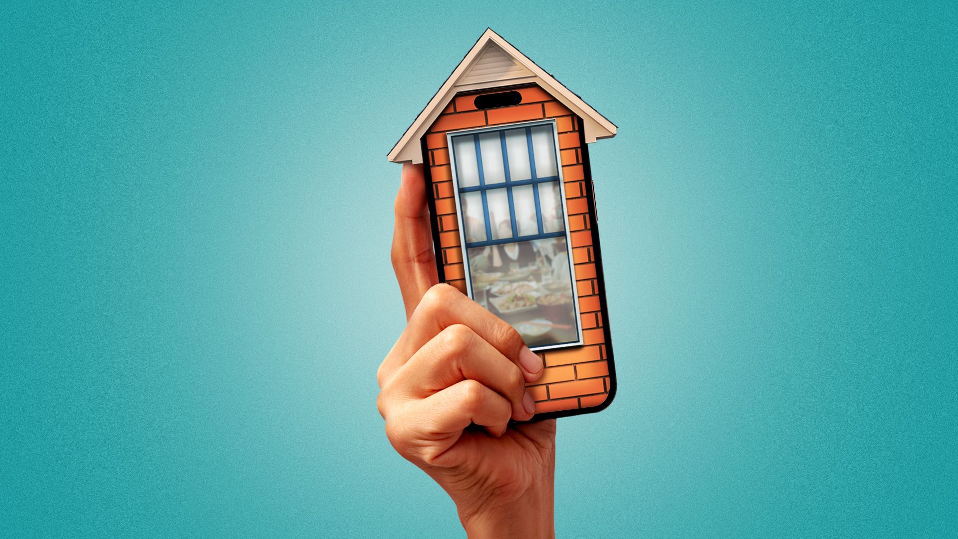 Illustration of a hand holding up a house-like phone with a roof, brick siding, and a window showing a family