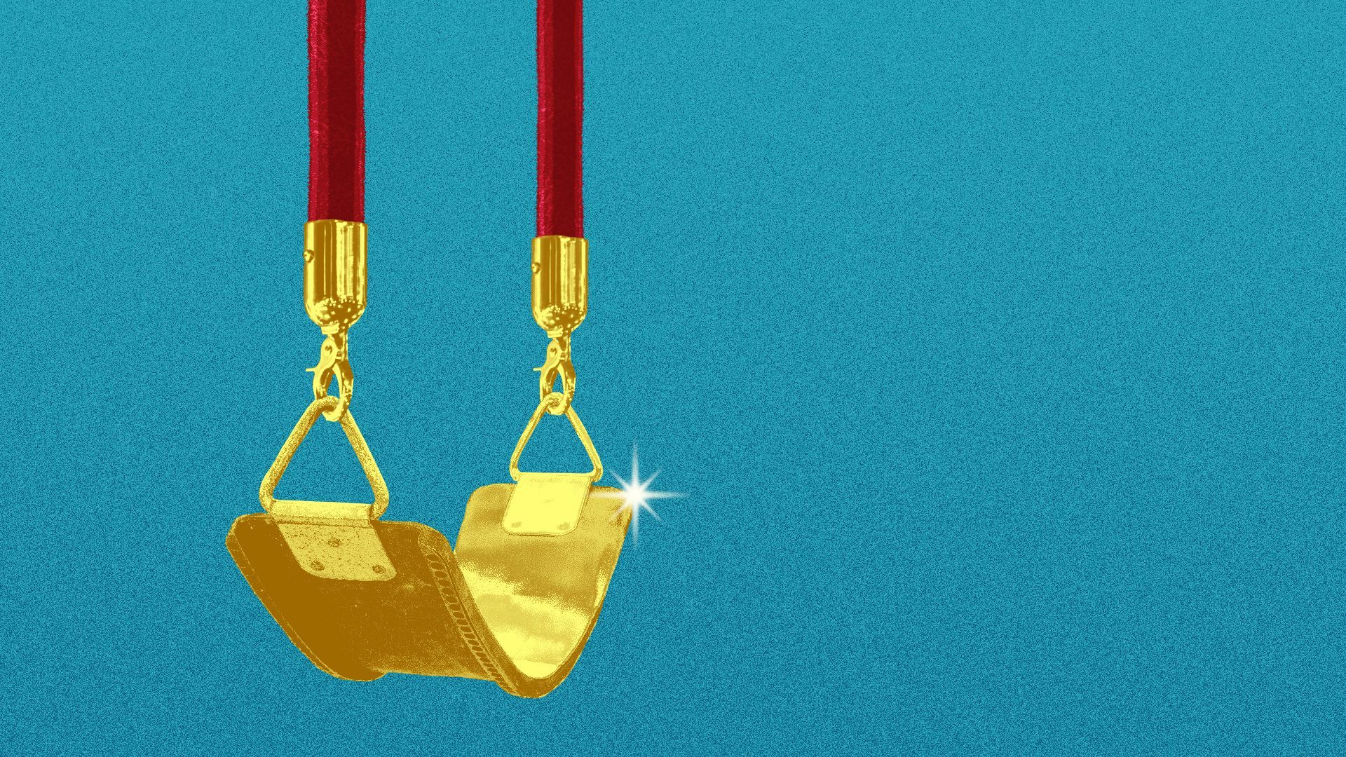 Illustration of a solid-gold playground swing hanging from velvet ropes instead of chains. 