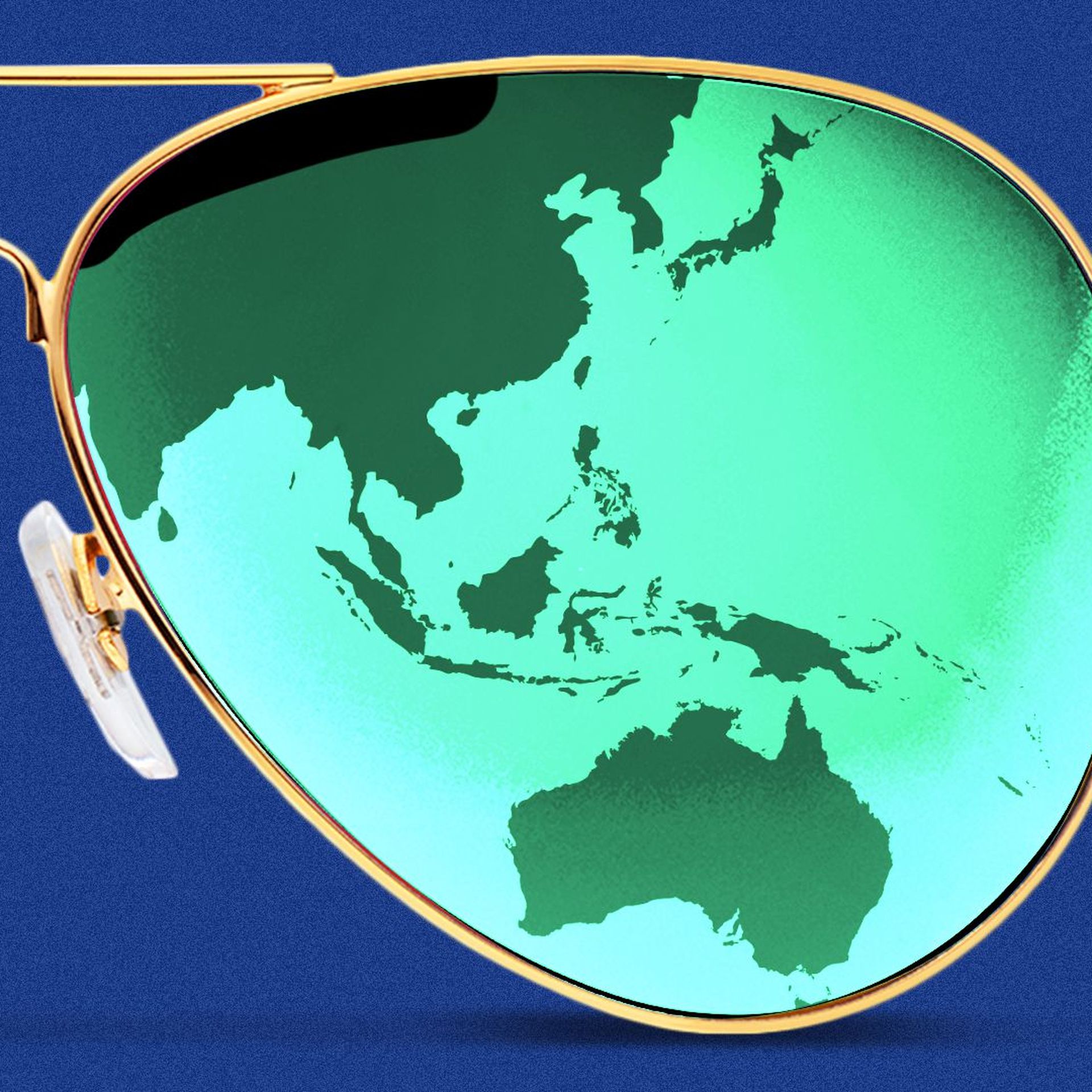Illustration of a pair of aviator sunglasses with the Asia-Pacific region overlaid on one lens.