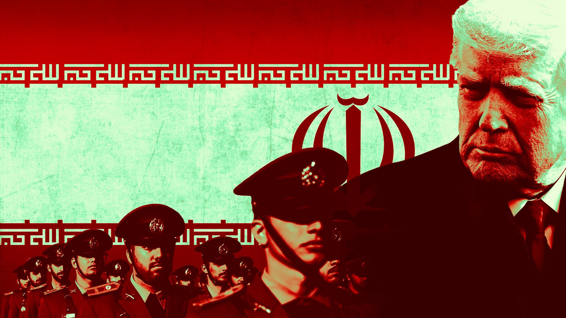 Photo illustration of President Trump over the flag of Iran with soldier's from Iran in the foreground 