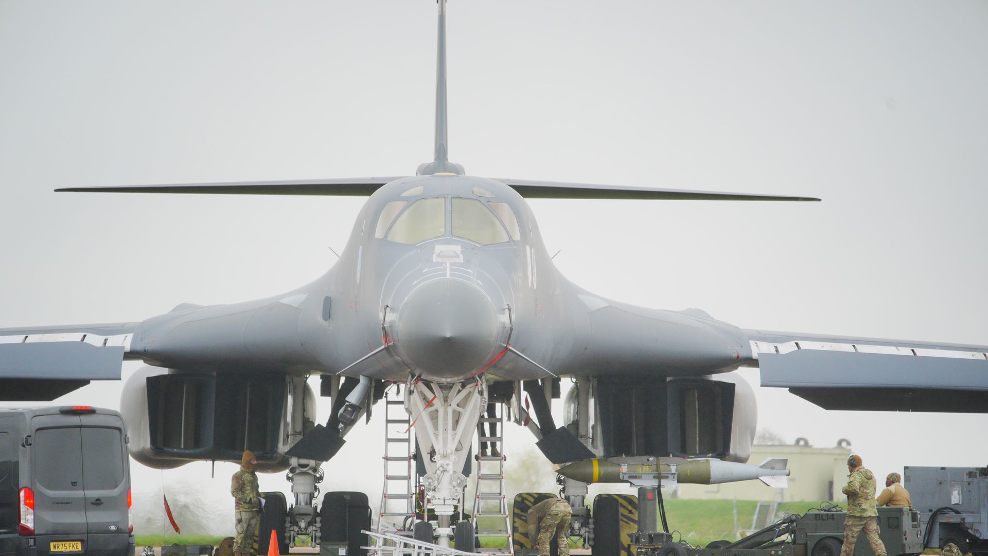 A US Air Force B-1 bomber is loaded with bombs at RAF Fairford in Gloucestershire in March.