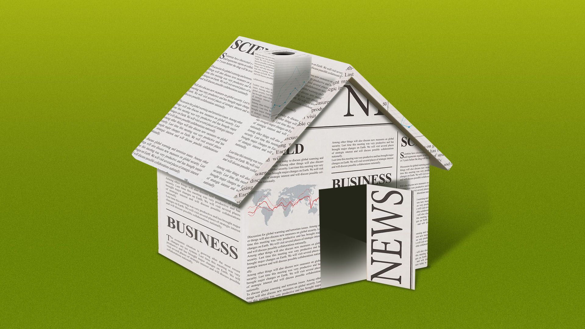 An illustration of a house made of newspaper pages with business, science, and news headlines, set against a green background