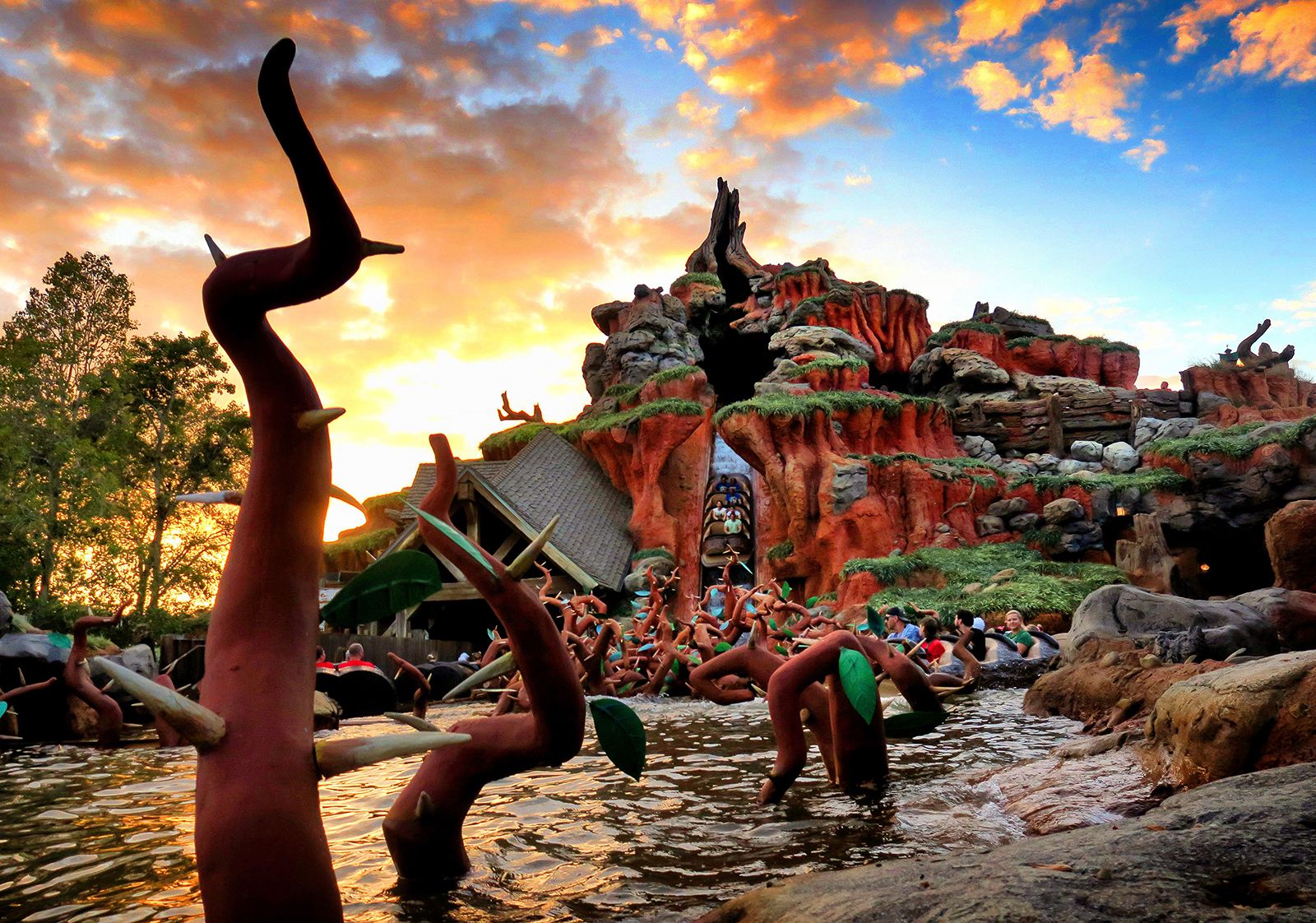 Photo shows the external view of Splash Mountain. The briar patch in the water is in the foreground and the log flume is in the background.