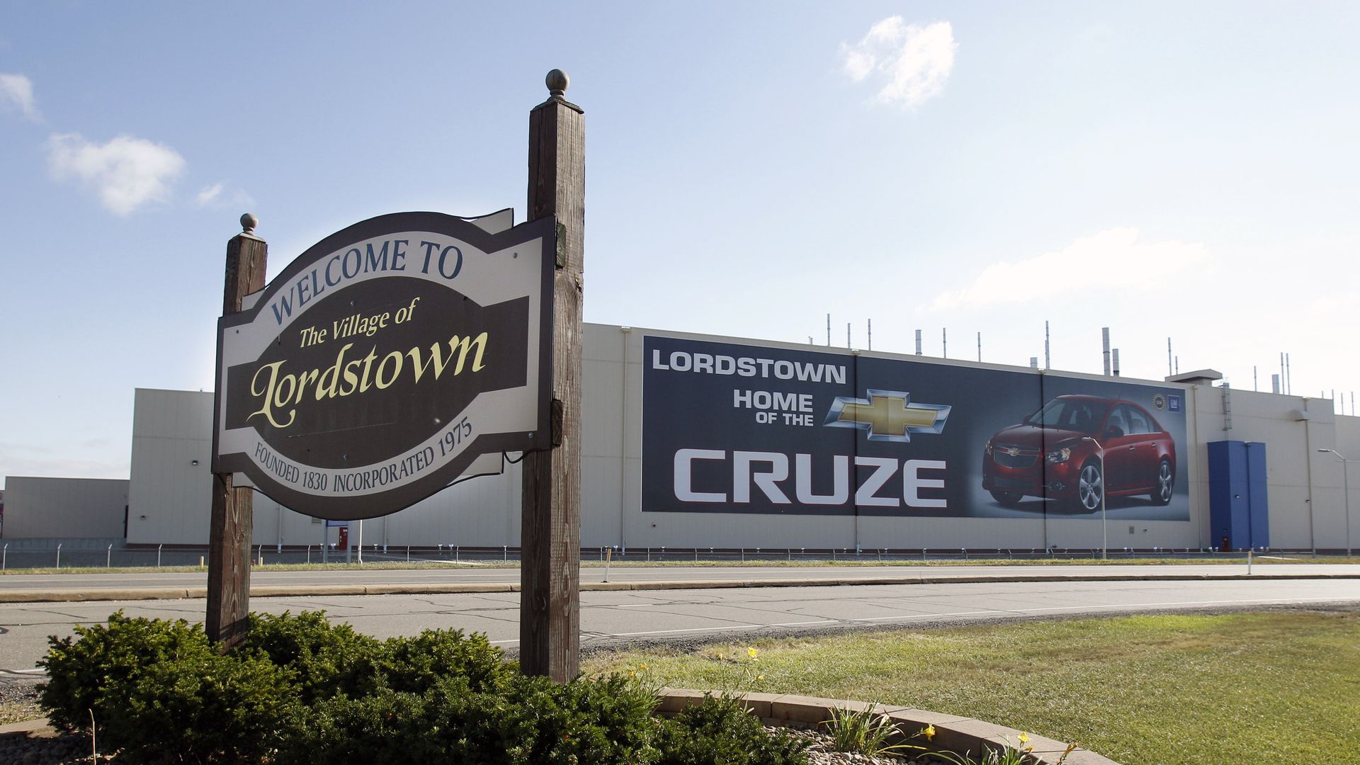 A welcome sign to Lordstown, Ohio, where the Chevy Cruz is manufactured.