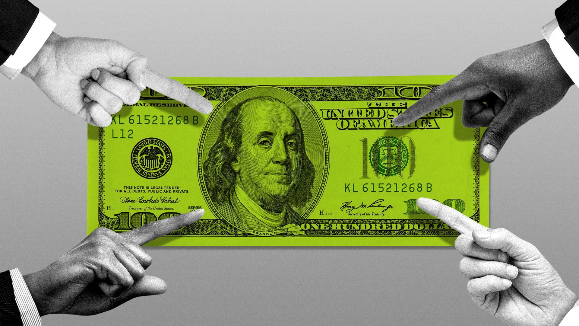 Illustration of four hands pointing at a dollar bill.