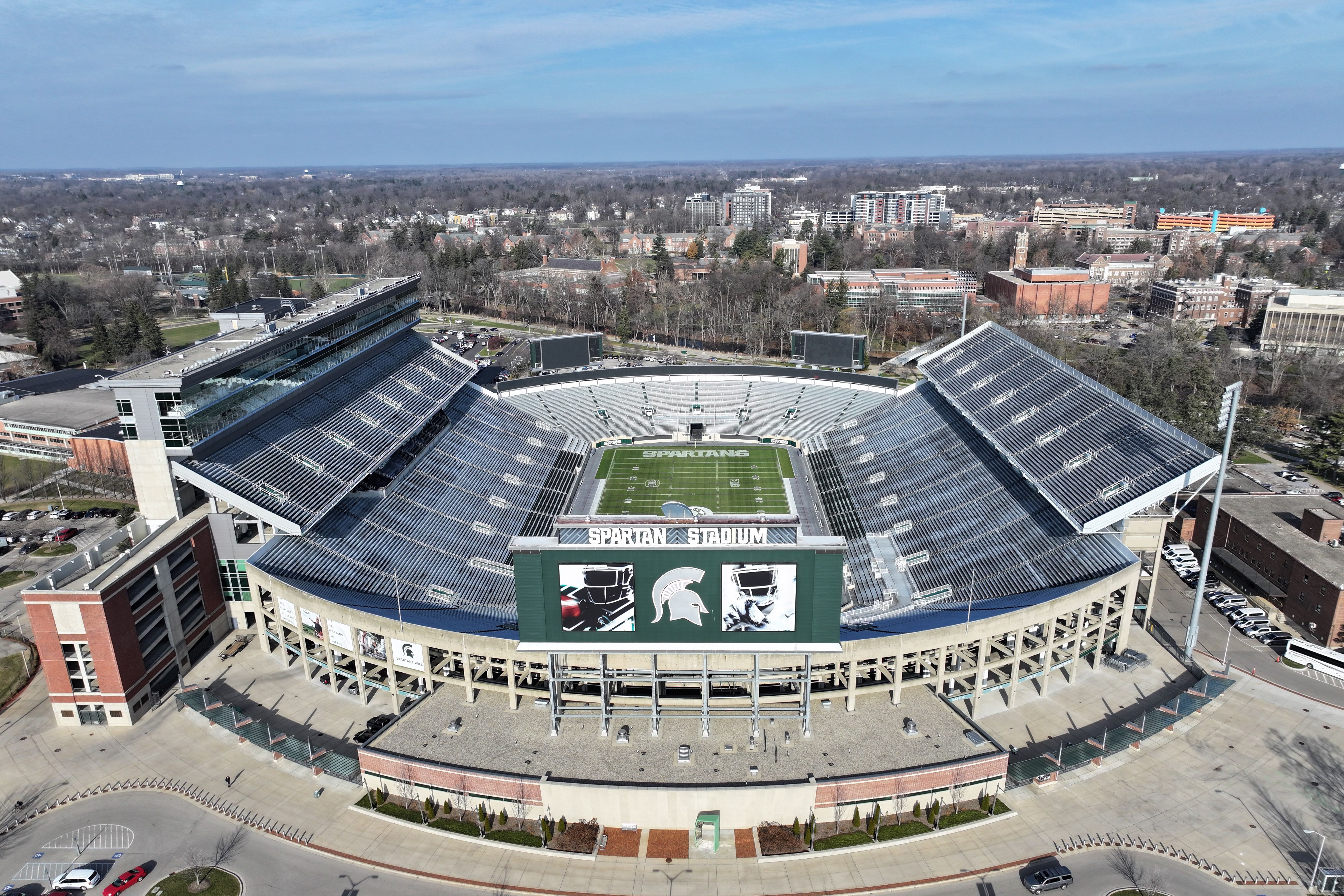 A general overall aerial view of Spartan Stadium on the campus of Michigan State UniversityDecember 07, 2023 in East Lansing, Michigan. (Photo by Kirby Lee/Getty Images)