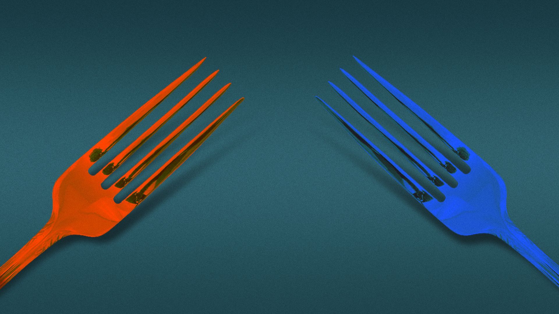 Illustration of a red and blue fork pointed at each other.