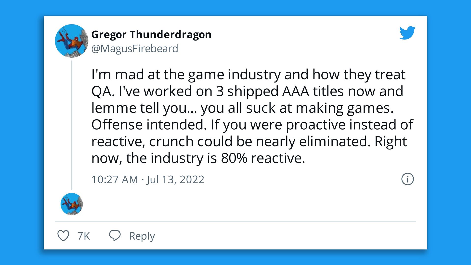 A tweet that says, in part: "I'm mad at the game industry and how they treat QA."