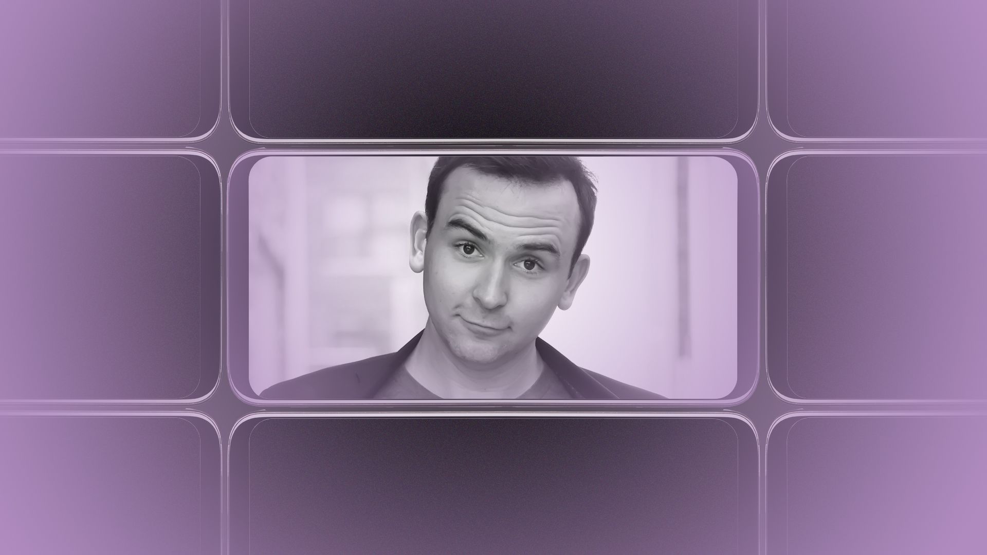 Photo illustration of a grid of smartphone screens, the center one showing Tommy McFly.