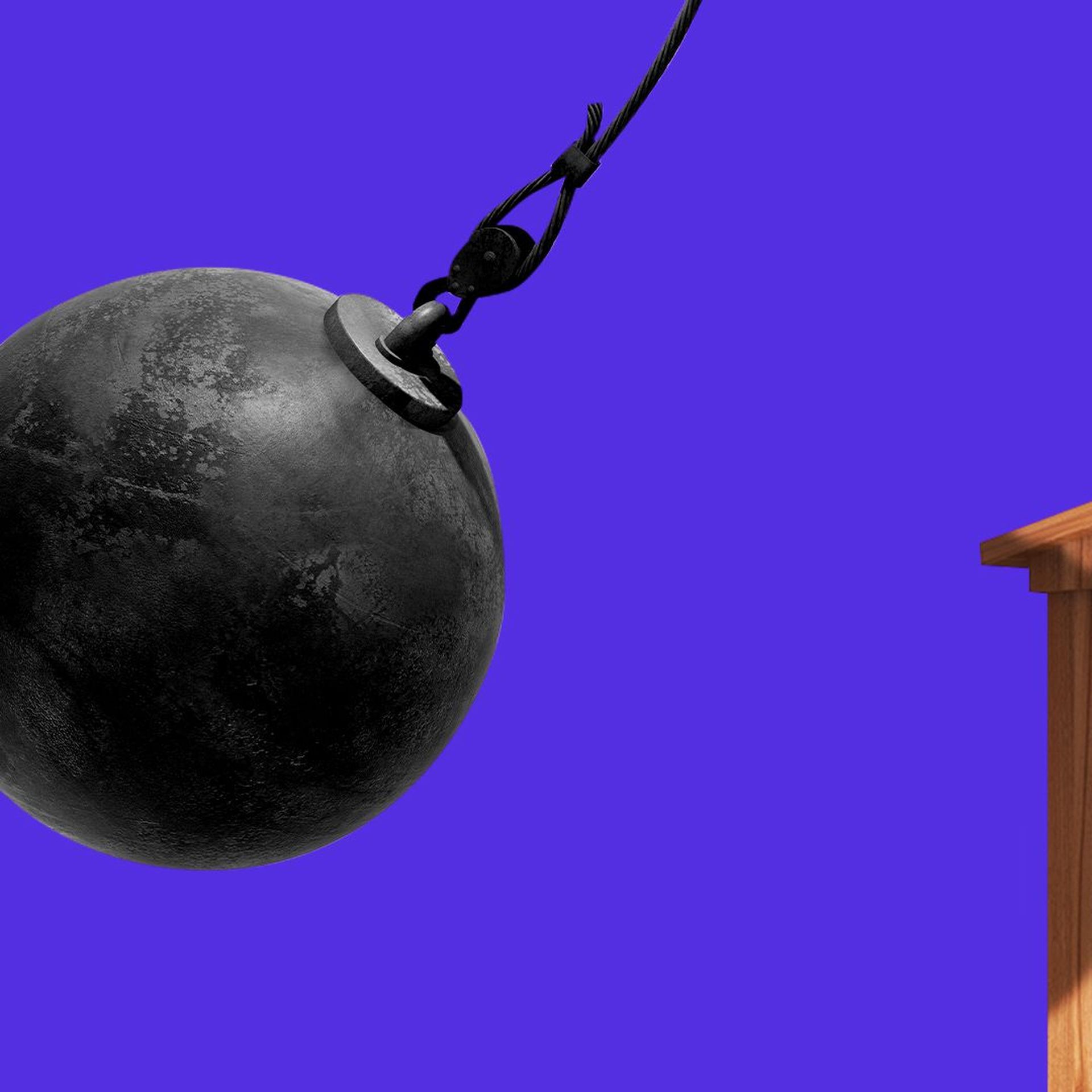 Illustration of a wrecking ball swinging towards an empty podium. 