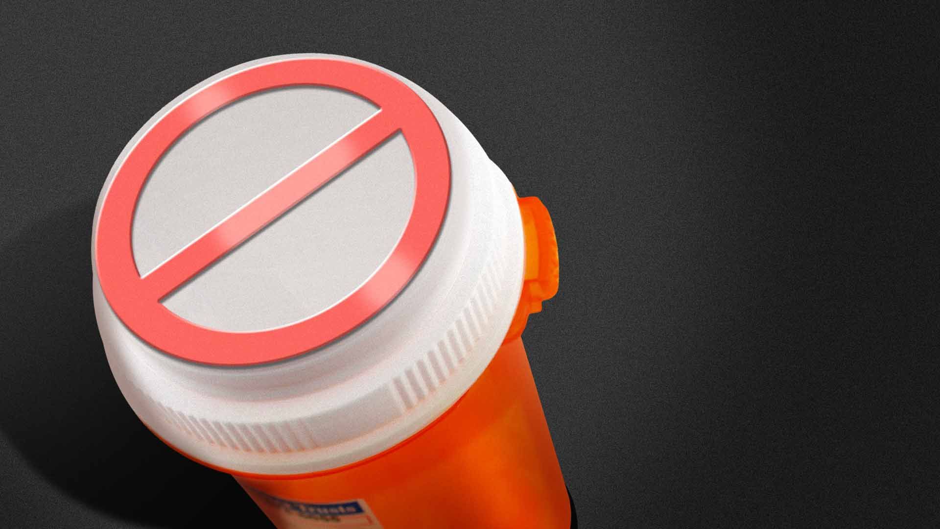 Illustration of a pill bottle with a "no" symbol on the lid
