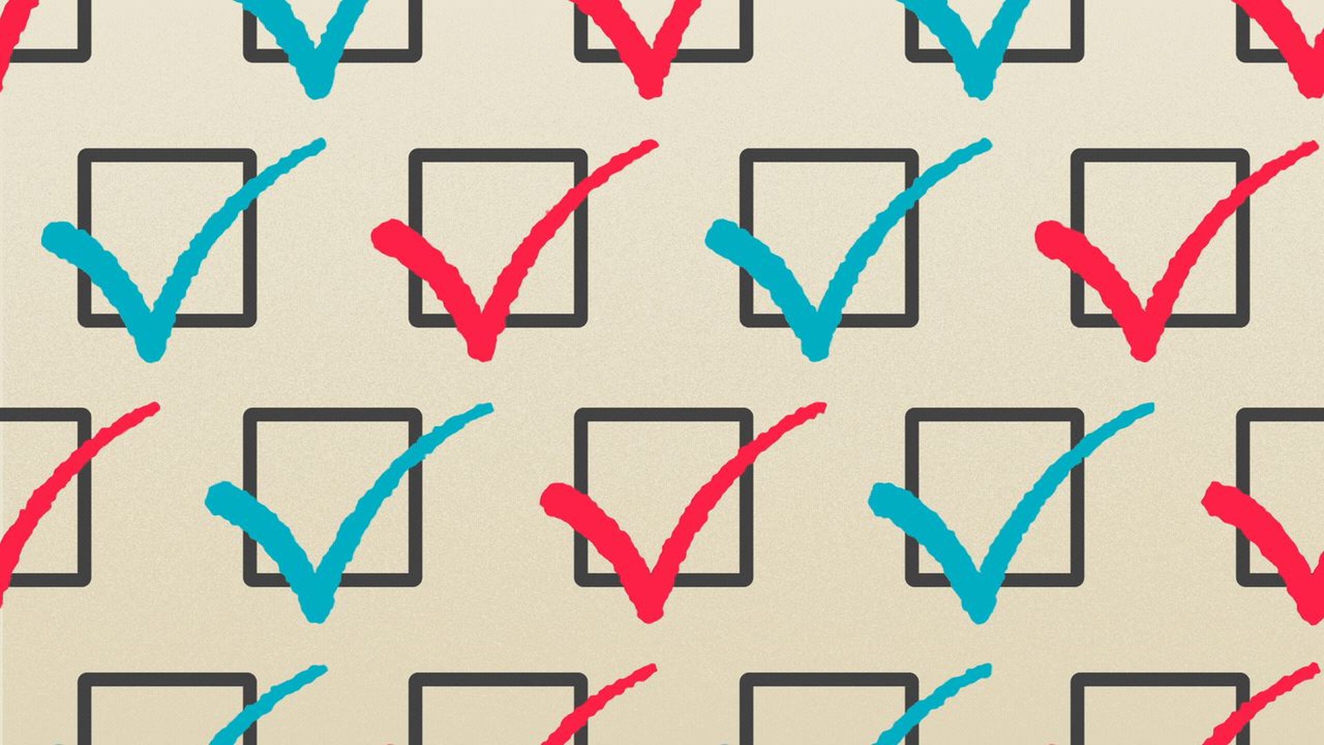 Illustration of a pattern of checkmarks, some blue, some red.